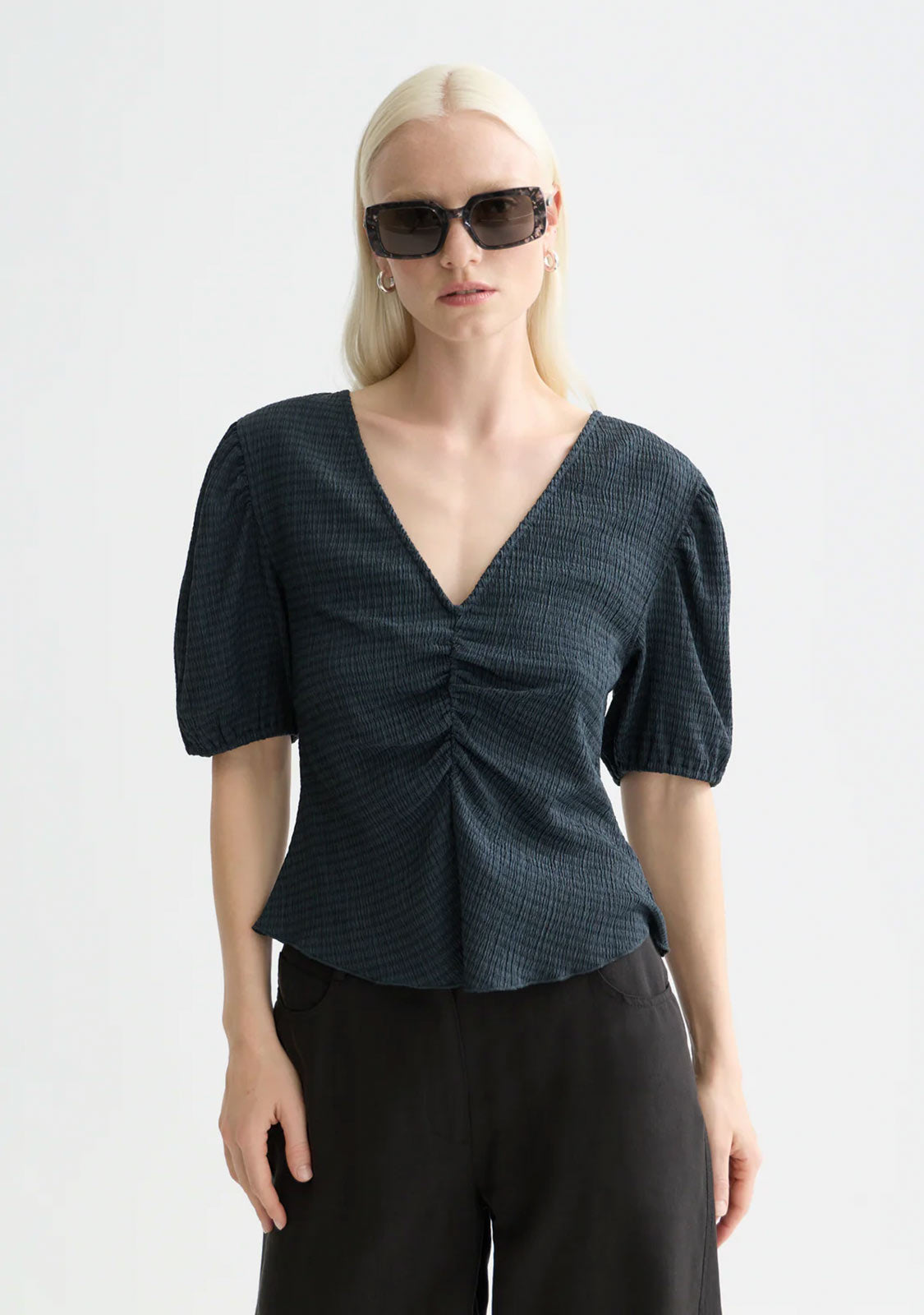 Structured V-Neck Top Carbon