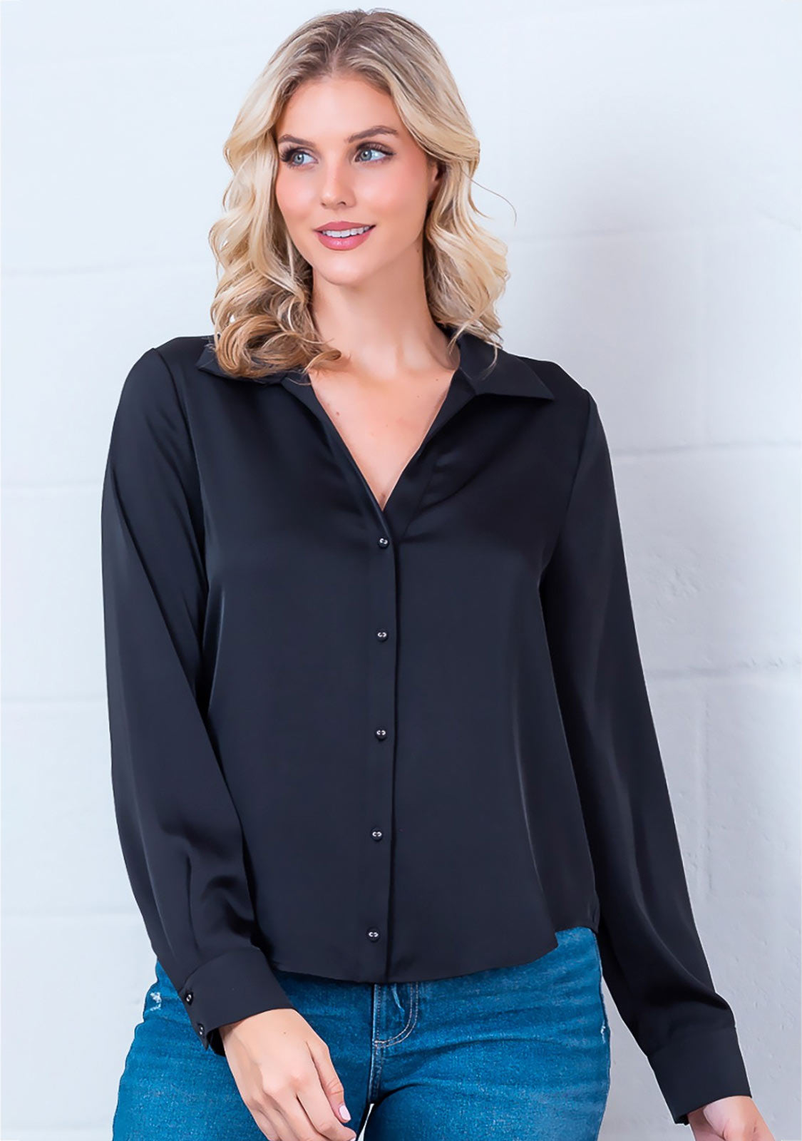 Long Sleeve Fine Satin Button-Up Shirt