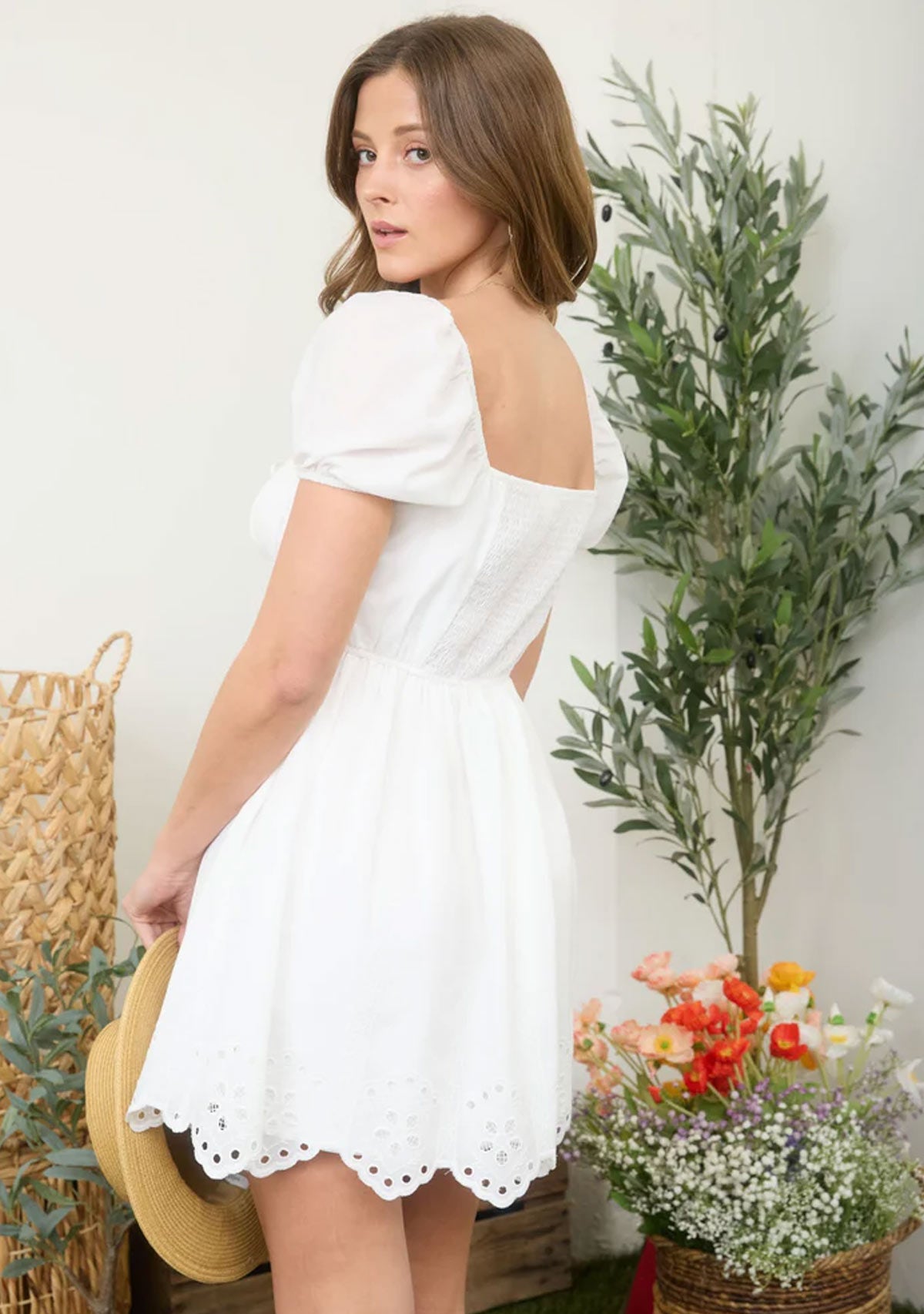 Embroidered Puff Sleeve Scallop Hem Mini Dress White