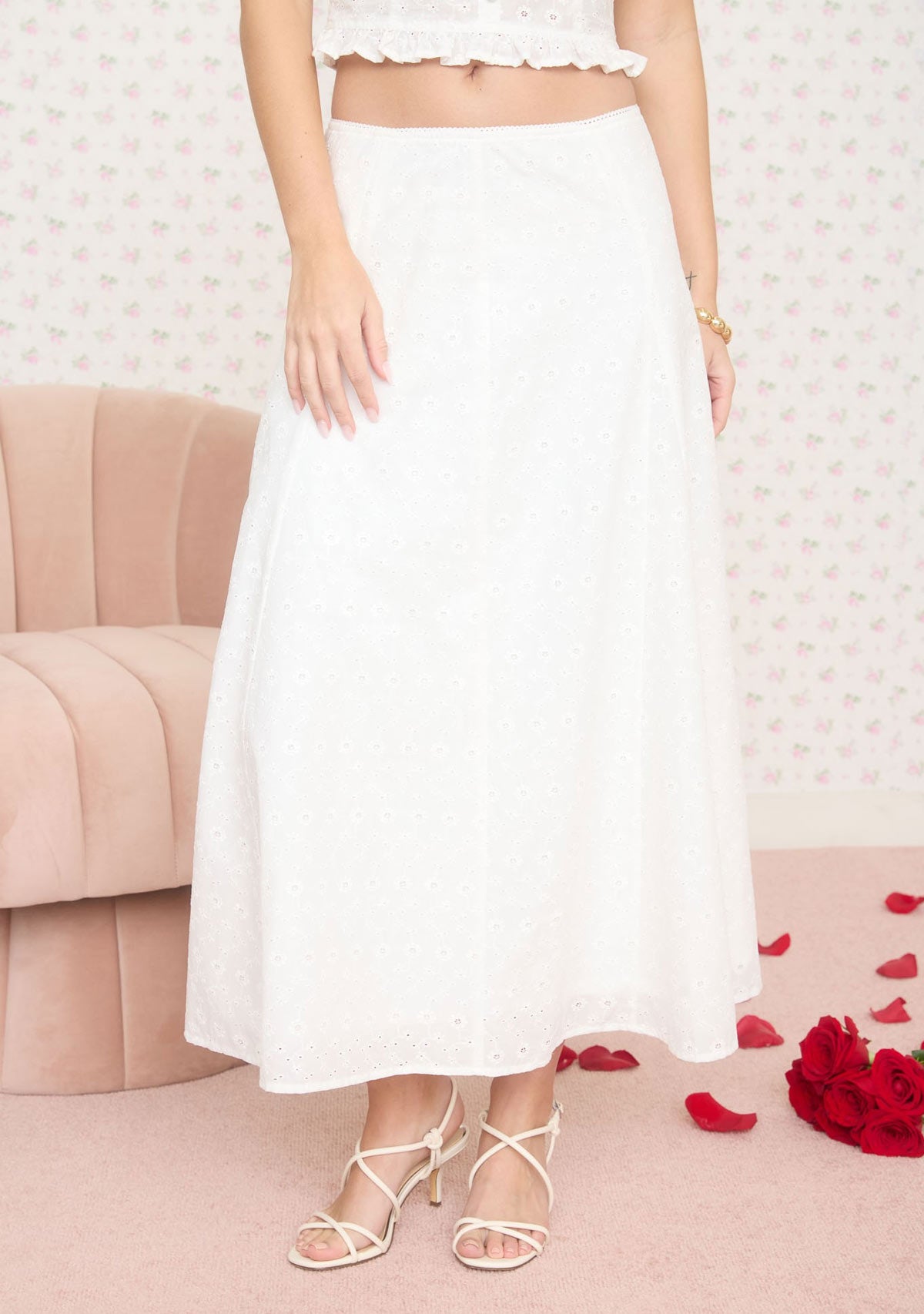 Eyelet Pattern Midi Skirt White