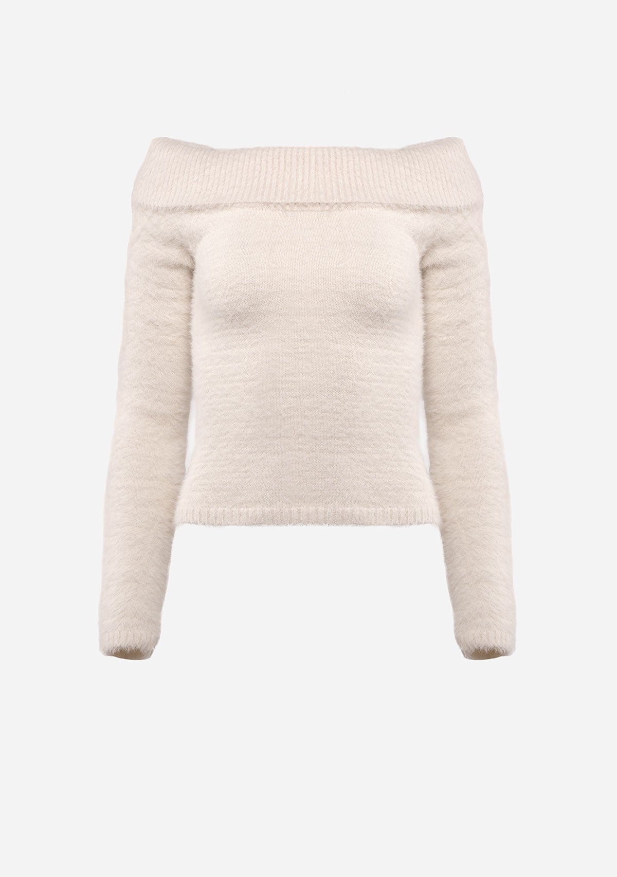 Off Shoulder Fold Over Blushed Knit Sweater Cream