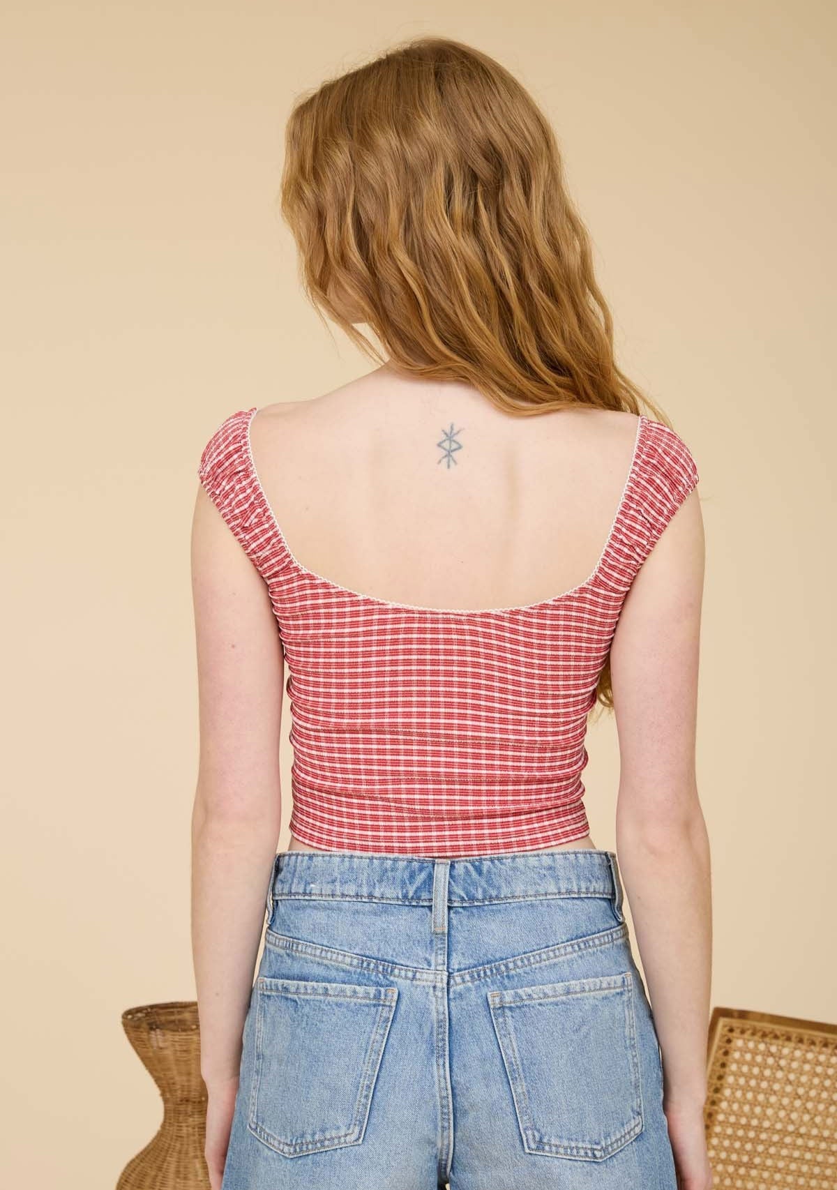 Plaid Lace Trim Front Ribbon Bow Detail Knit Top