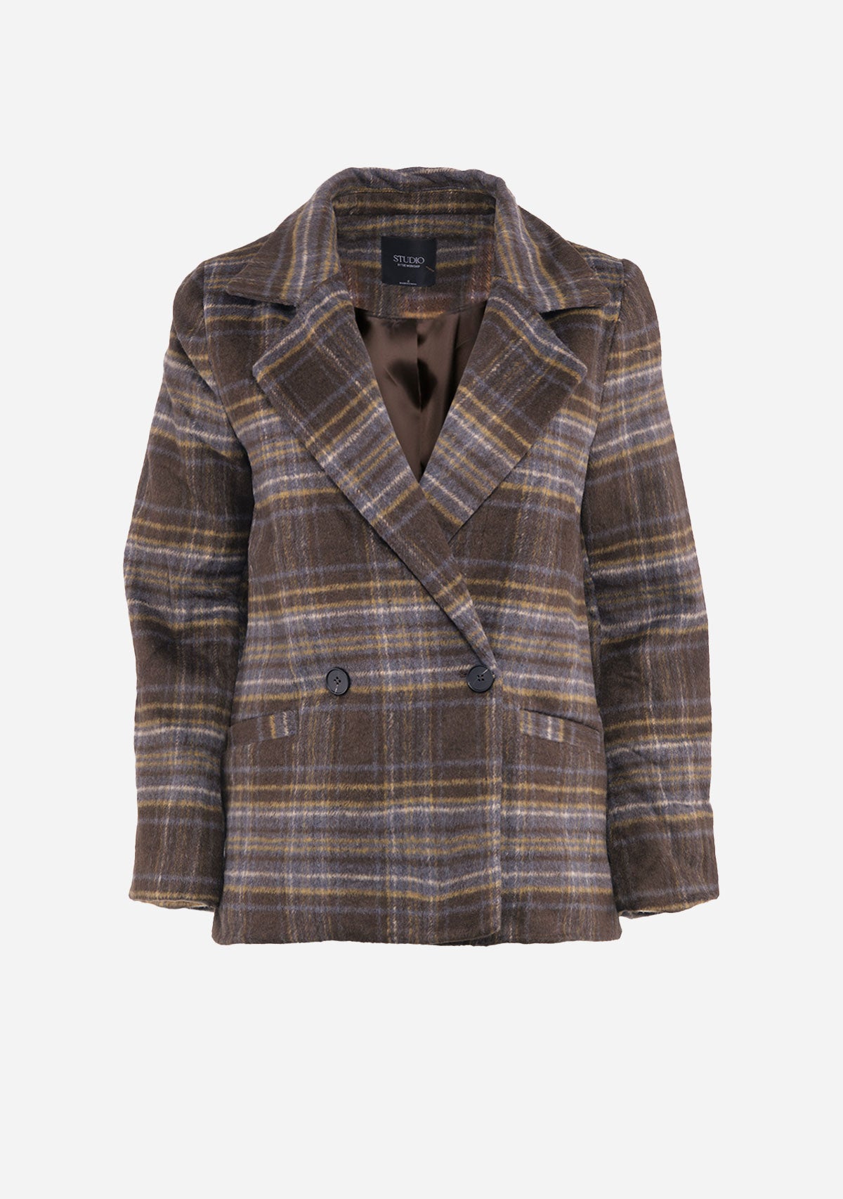 Plaid Notch Collar Button Front Long Line Coat Brown Multi