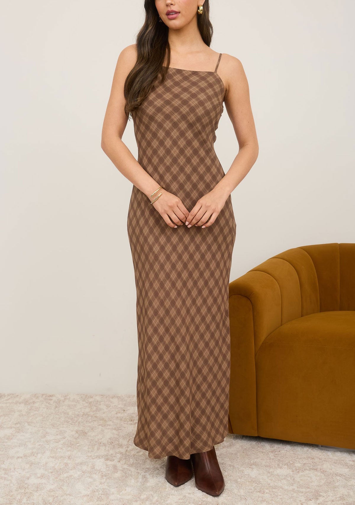 Plaid Spaghetti Strap Midi Dress Brown Multi
