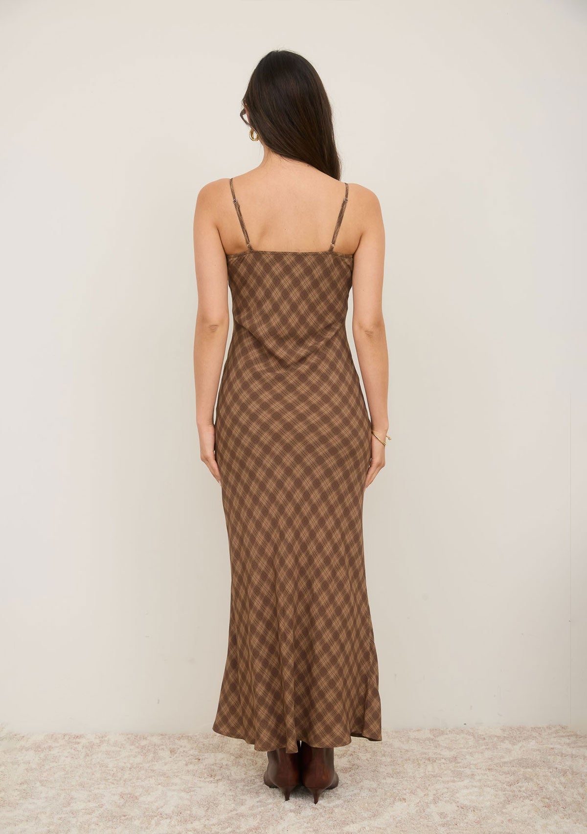 Plaid Spaghetti Strap Midi Dress Brown Multi