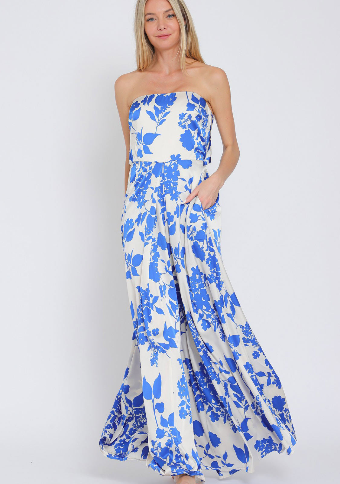 Tube Tie Back Chest Elastic Back Waisted Jumpsuit White/Blue