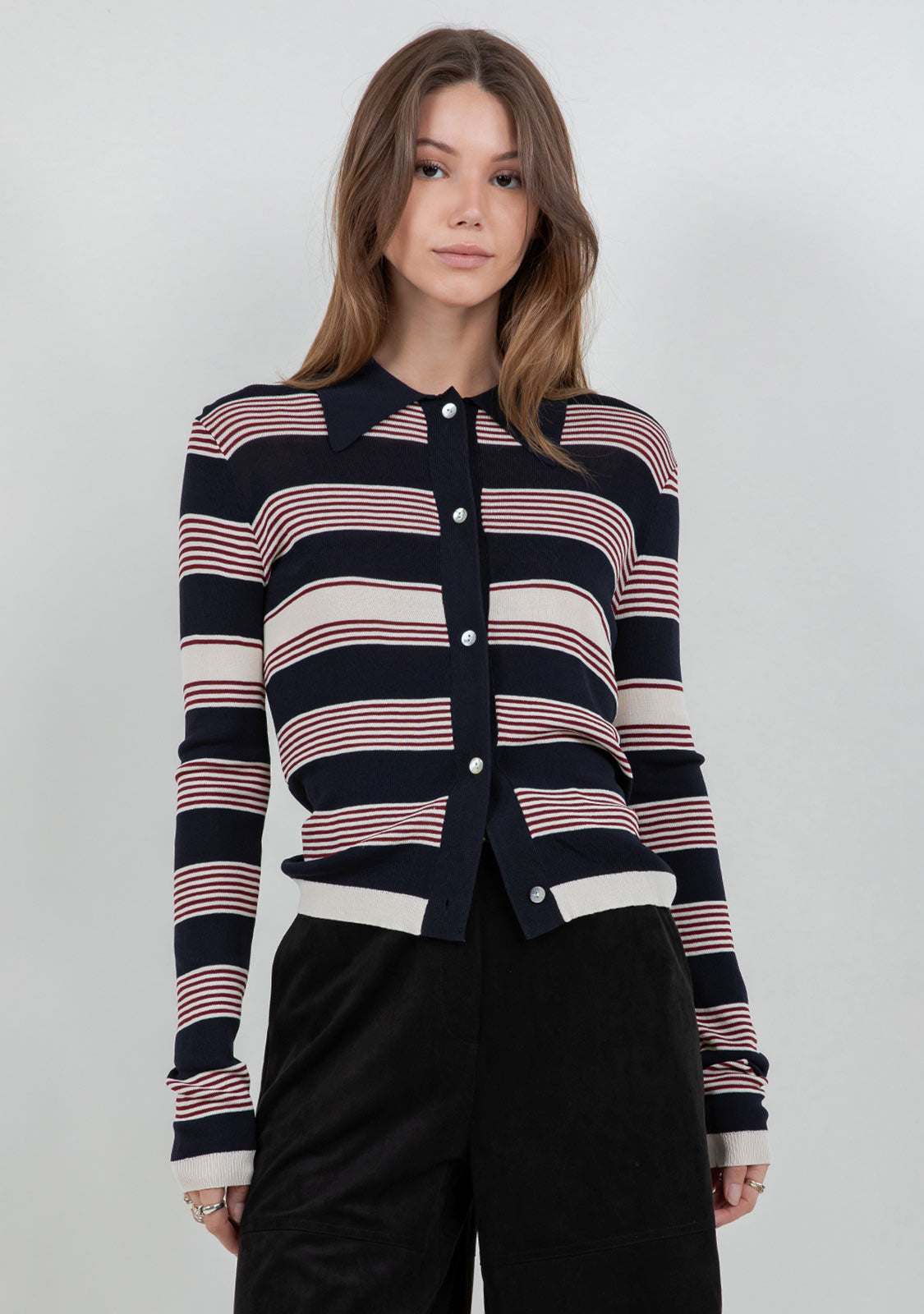 Striped Polo Collar Cardigan
