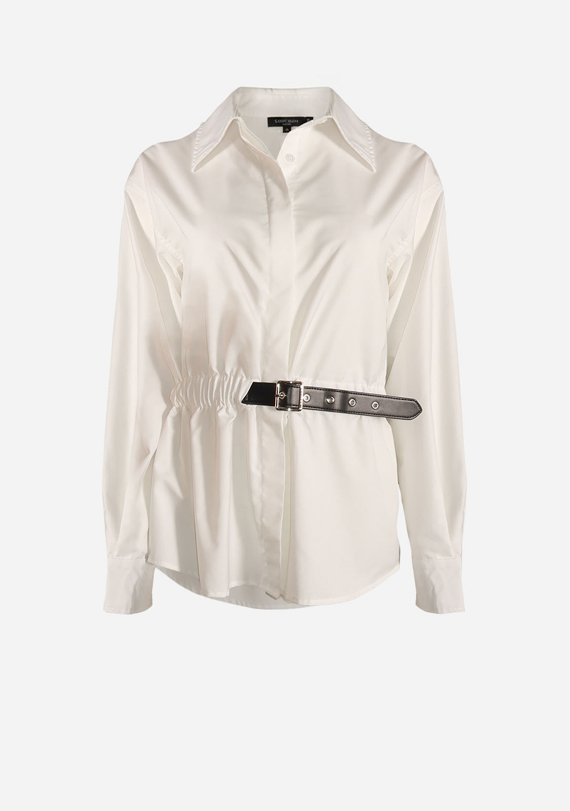 Poplin Button Down Shirt With Pu Waist Belt White