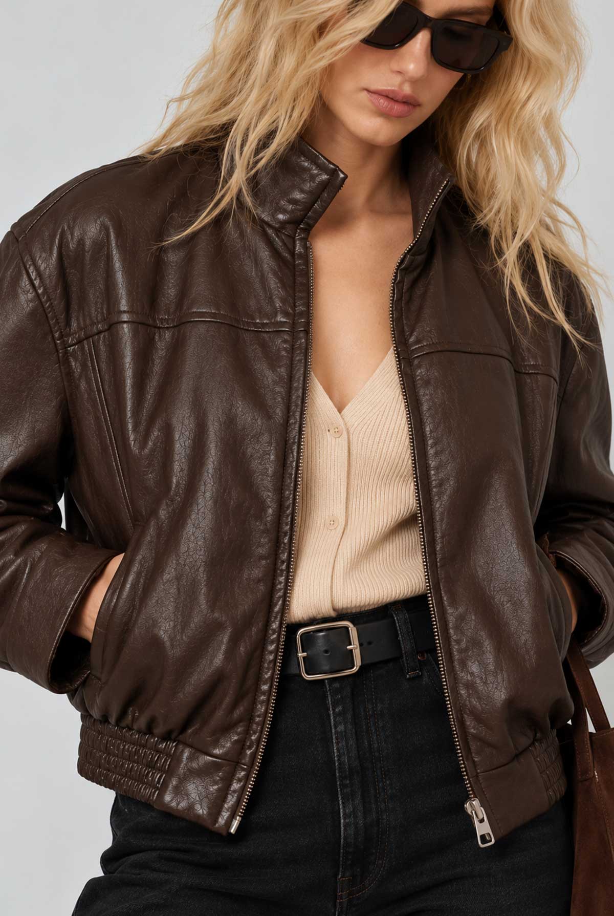 Oversized Faux Leather Zip Up Bomber Jacket Dress Forum Inc.