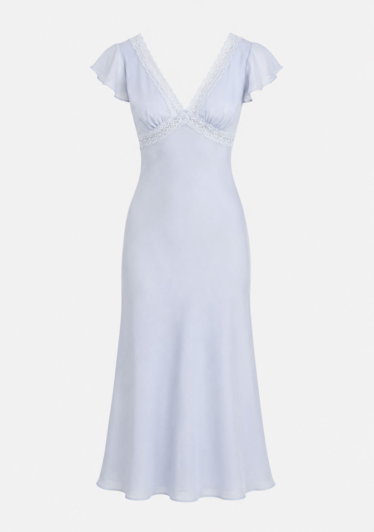Satin Lace Trim Bias Cut Midi Dress Sky