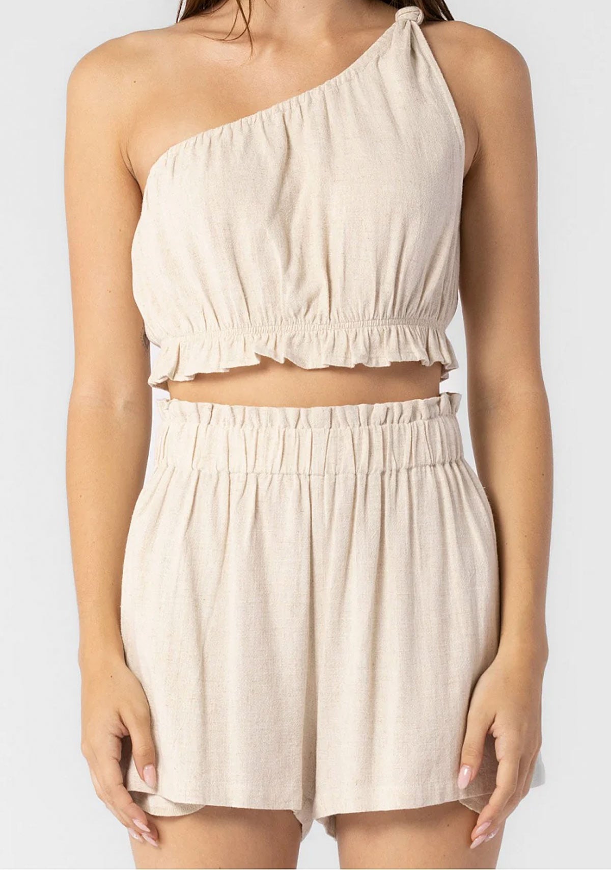 Linen One Shoulder Knot Crop Top and Short Set