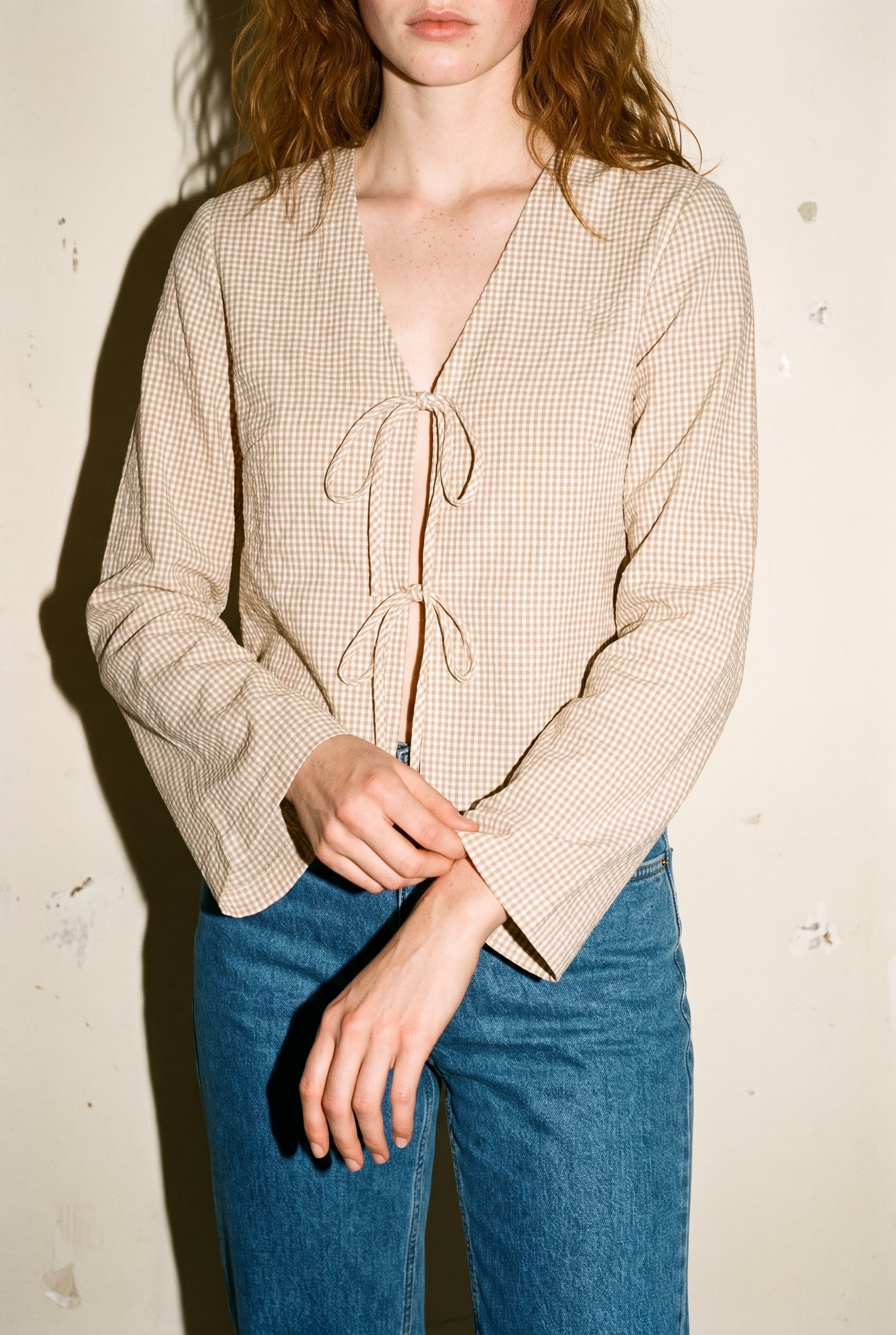 Jx zoe Seersucker  Tie Shirt Cornstalk White JJXX