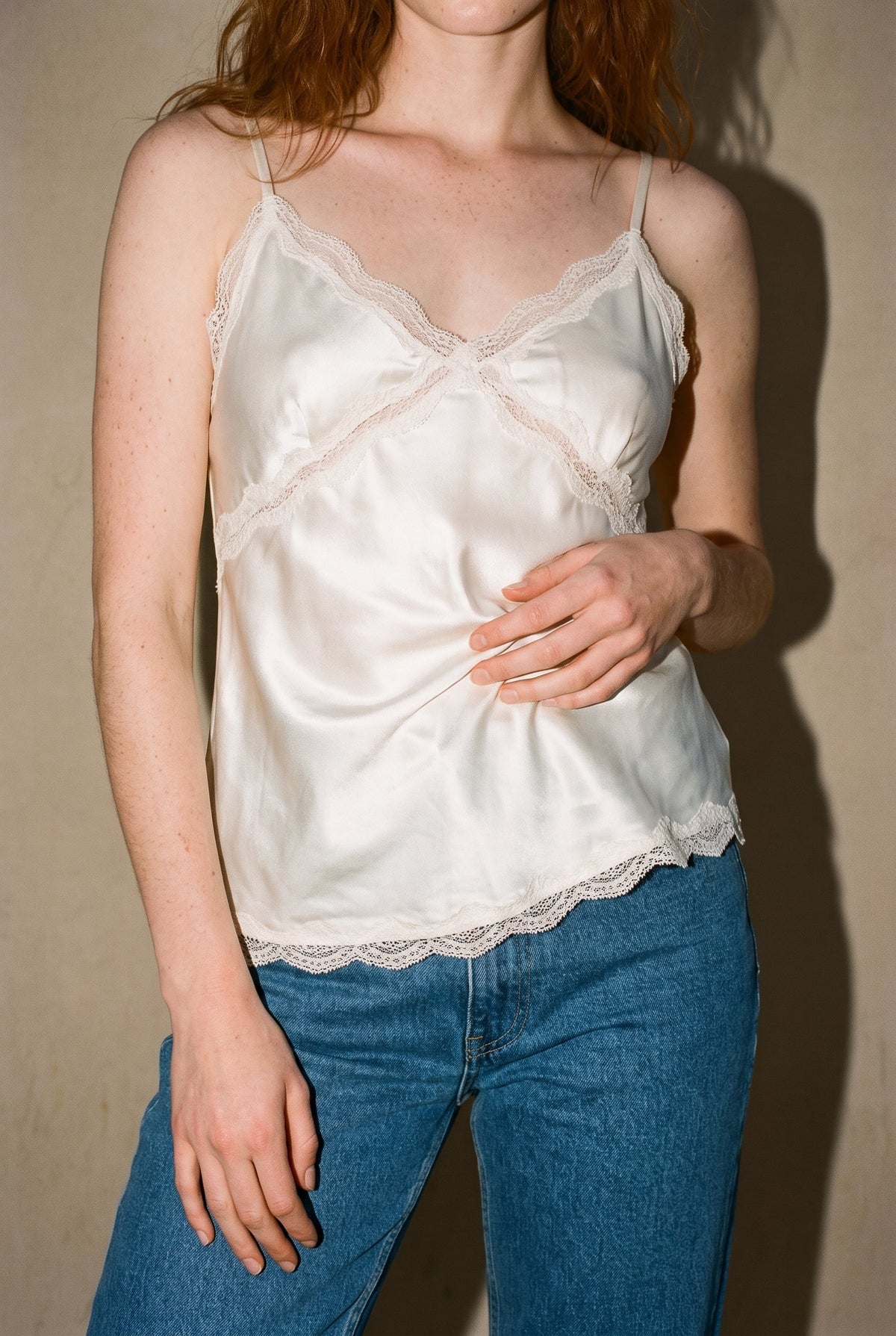V-Neck Lace Trim Top Off White Naked Zebra