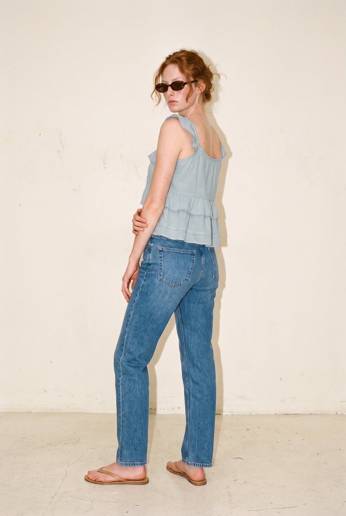 Ceci Tie Front Ruffle Trim Top Dusty Blue Creamon