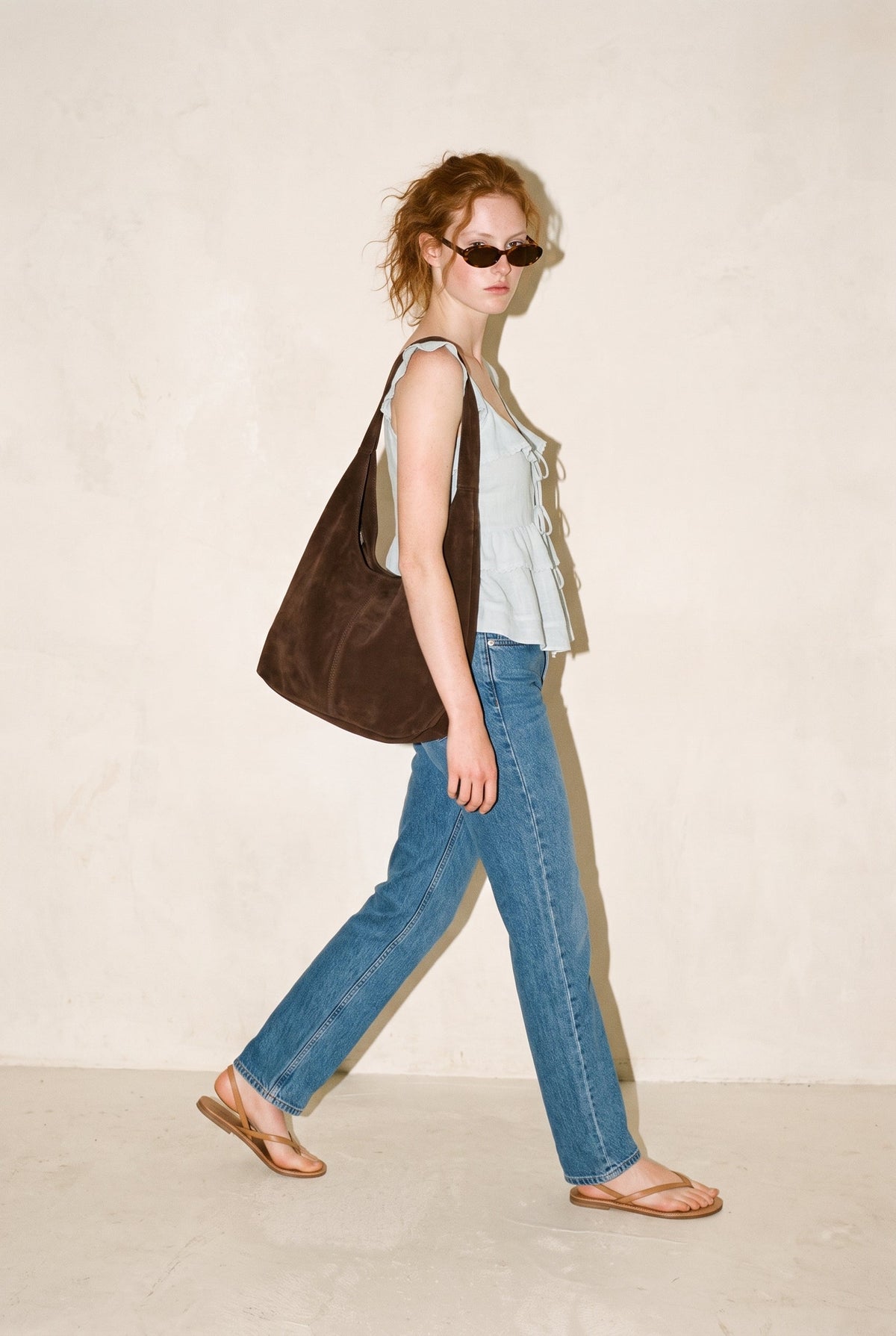 Ceci Tie Front Ruffle Trim Top Dusty Blue Creamon