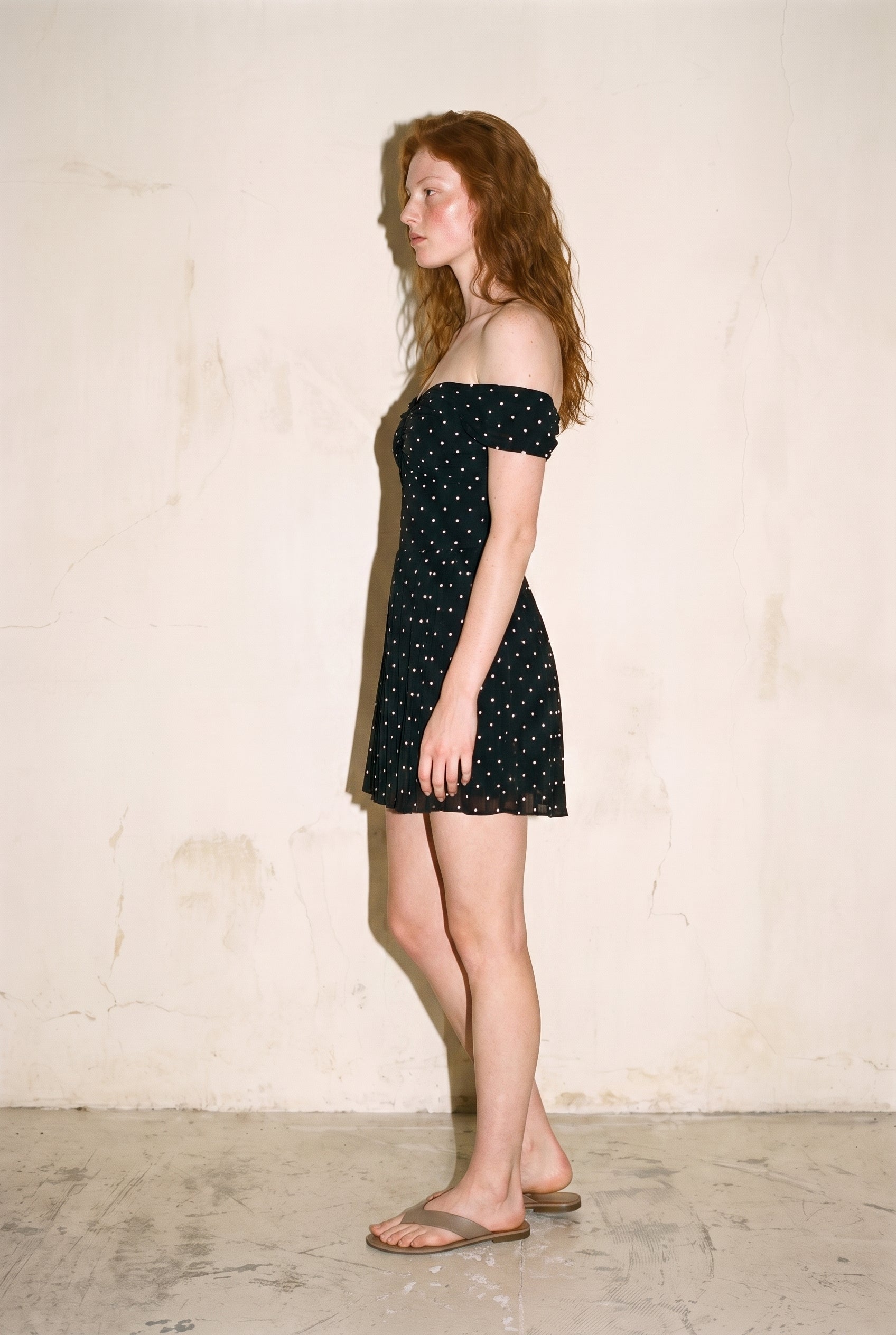 Polka Dot Pleated Off Shoulder Mini Dress