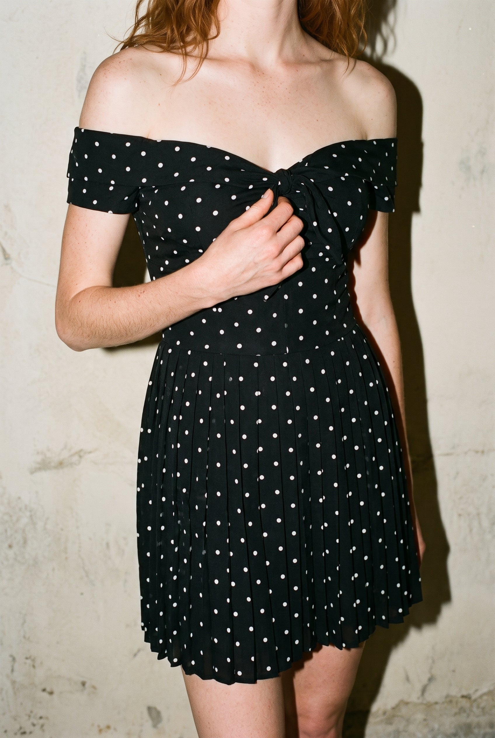 Polka Dot Pleated Off Shoulder Mini Dress