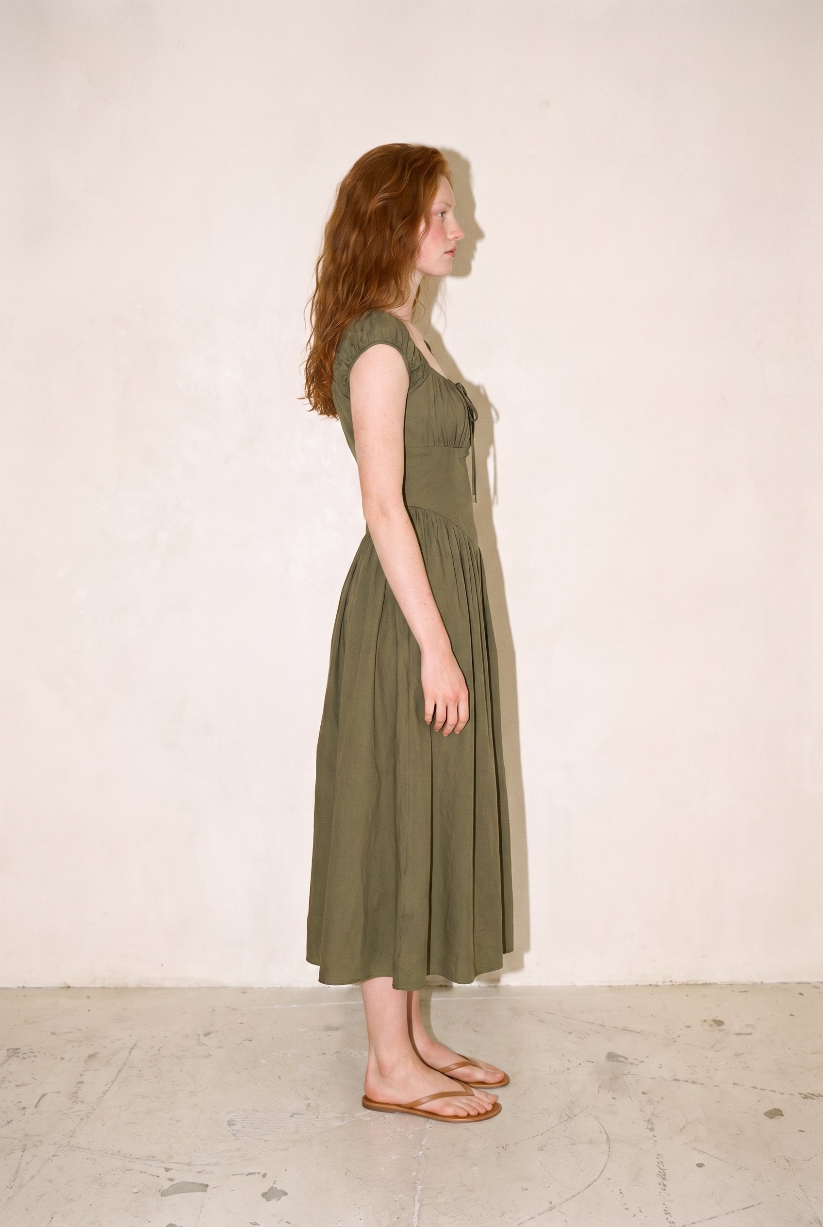 Josie Poplin Tie Front Bow Midi Dress Olive