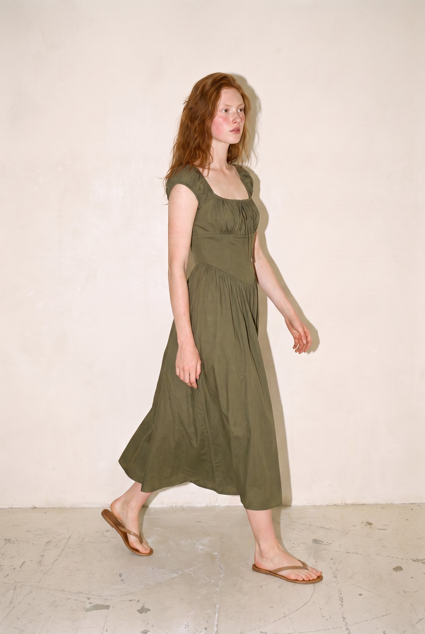 Josie Poplin Tie Front Bow Midi Dress Olive