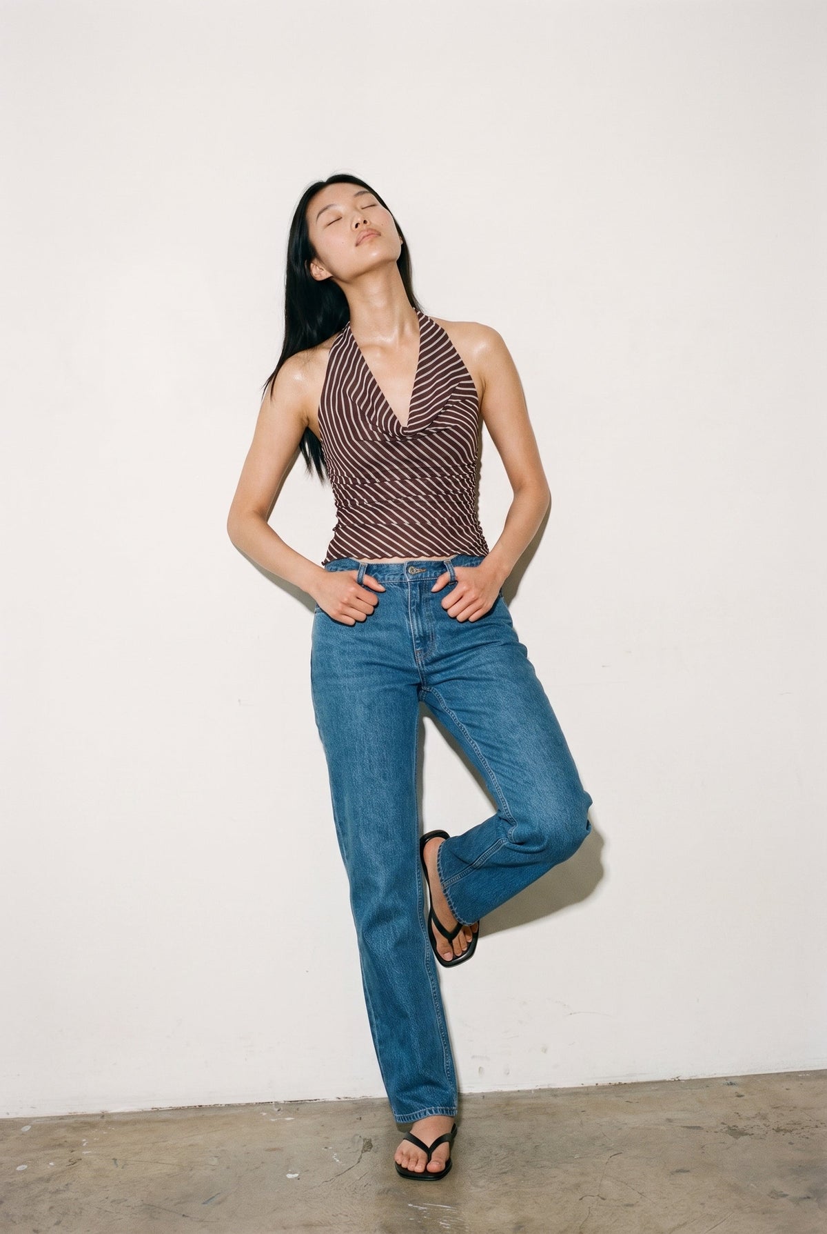 Diagonal Striped Mesh Cowl Top Brown Et Clet