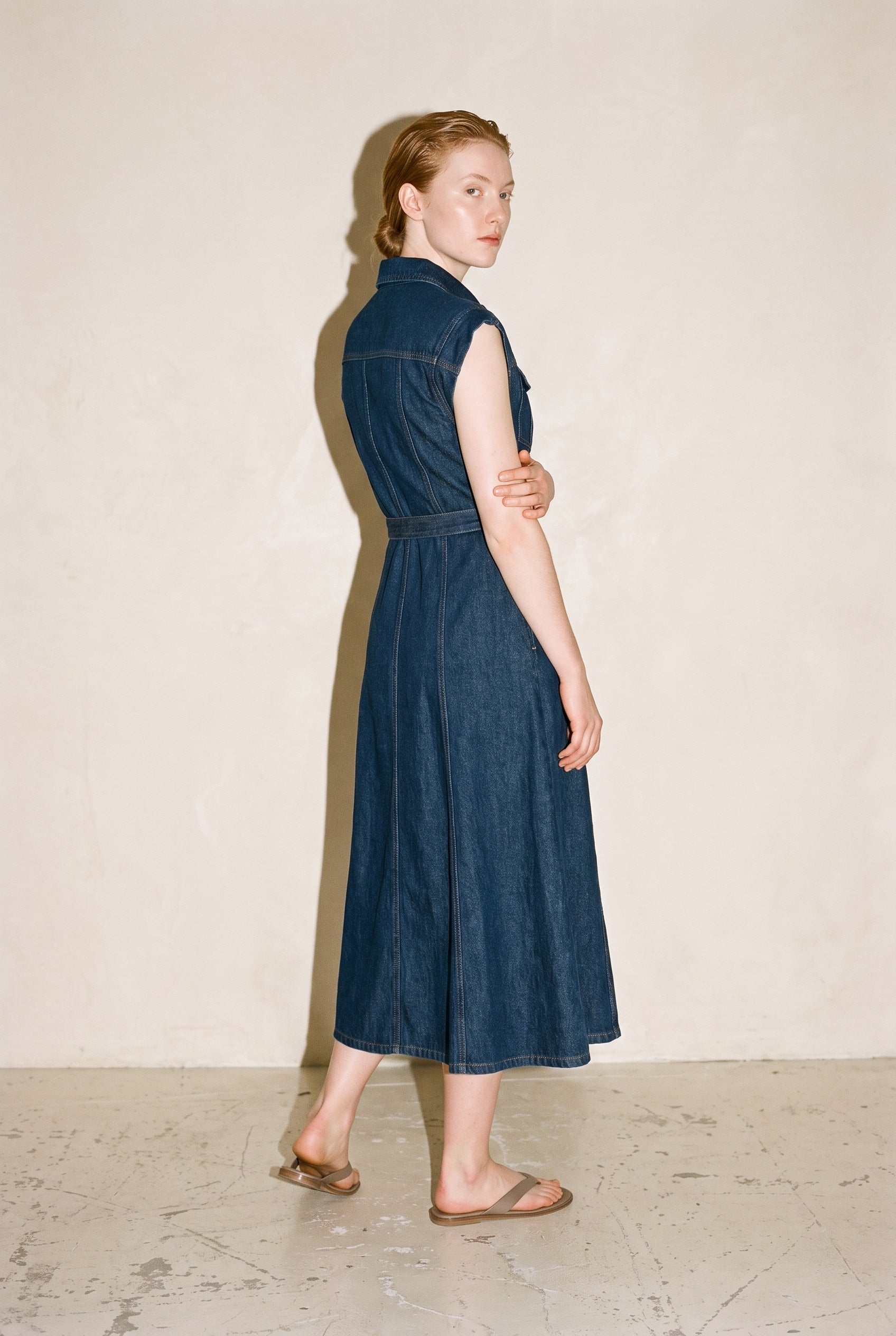 Belted Denim Shortsleeves Midi Dress