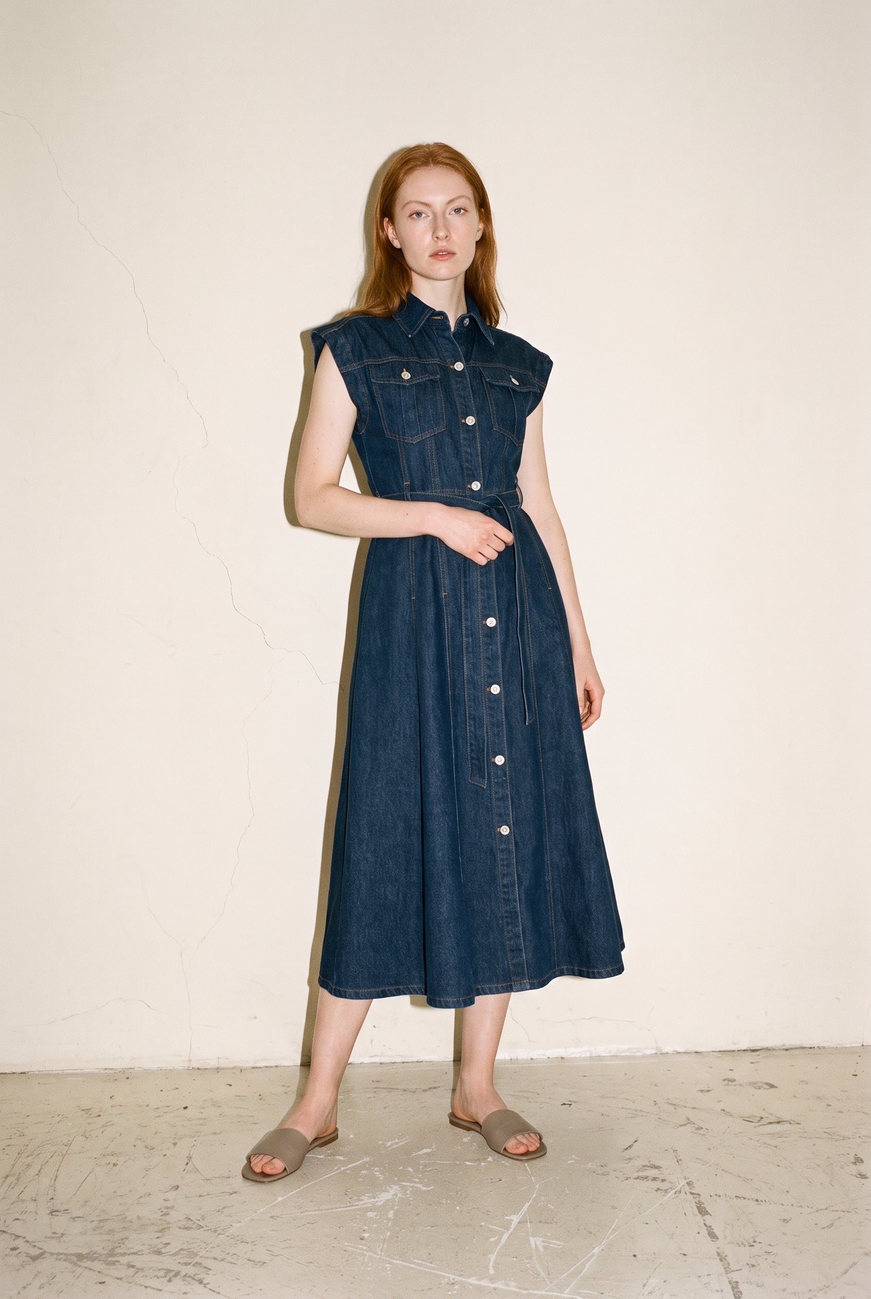 Belted Denim Shortsleeves Midi Dress