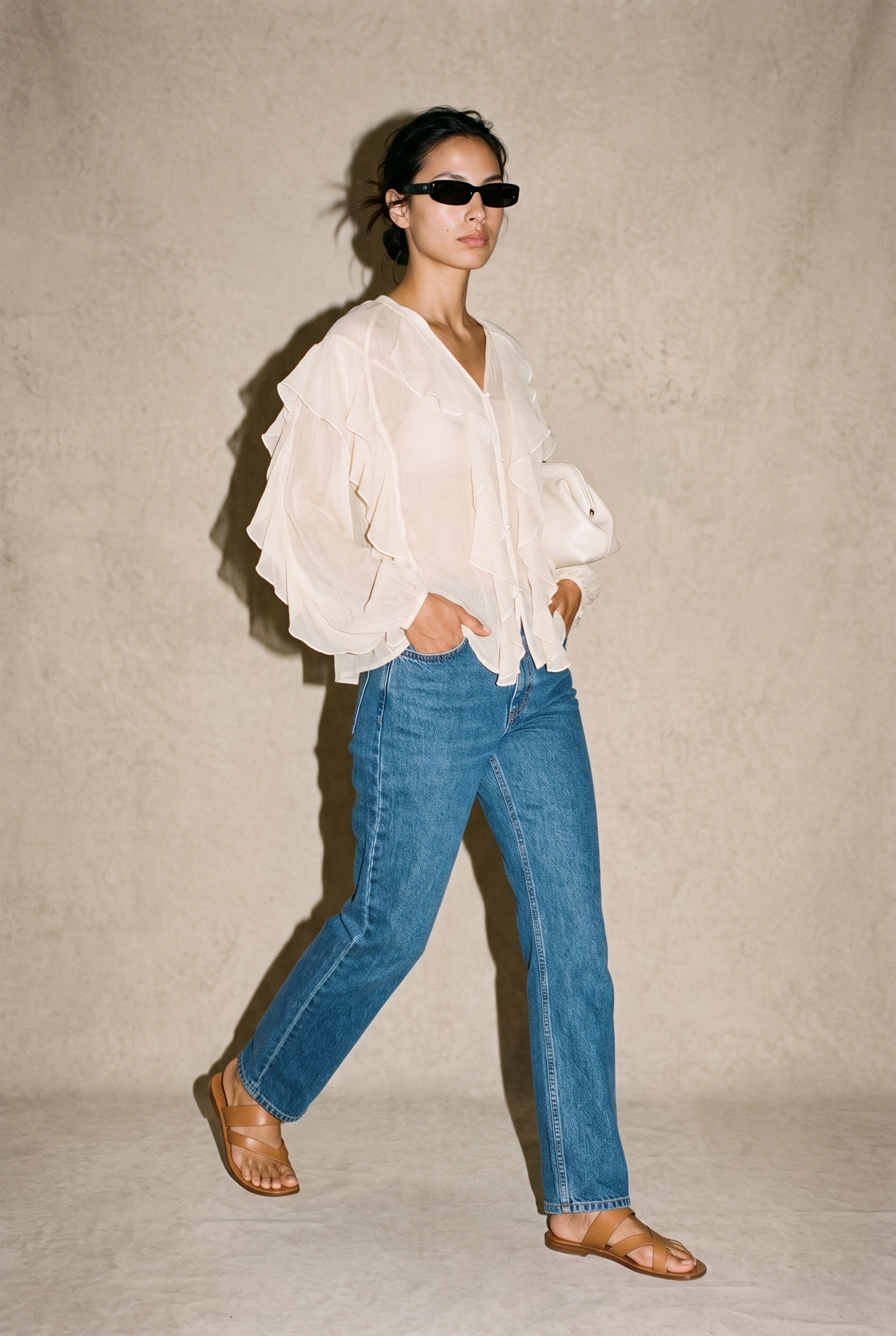 Ruffle Front Long Sleeve Blouse Beige 12 Rue Collette