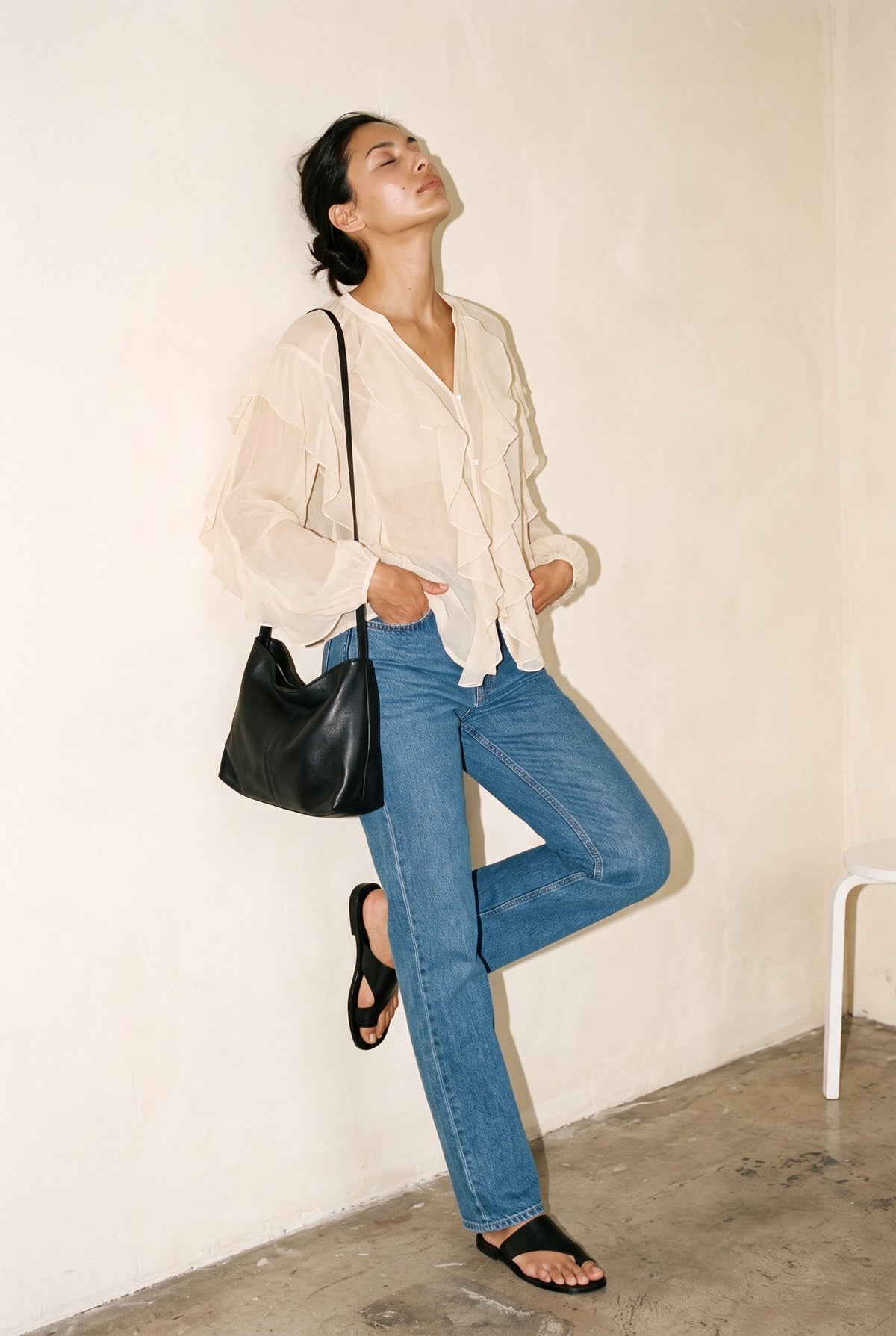 Ruffle Front Long Sleeve Blouse Beige 12 Rue Collette