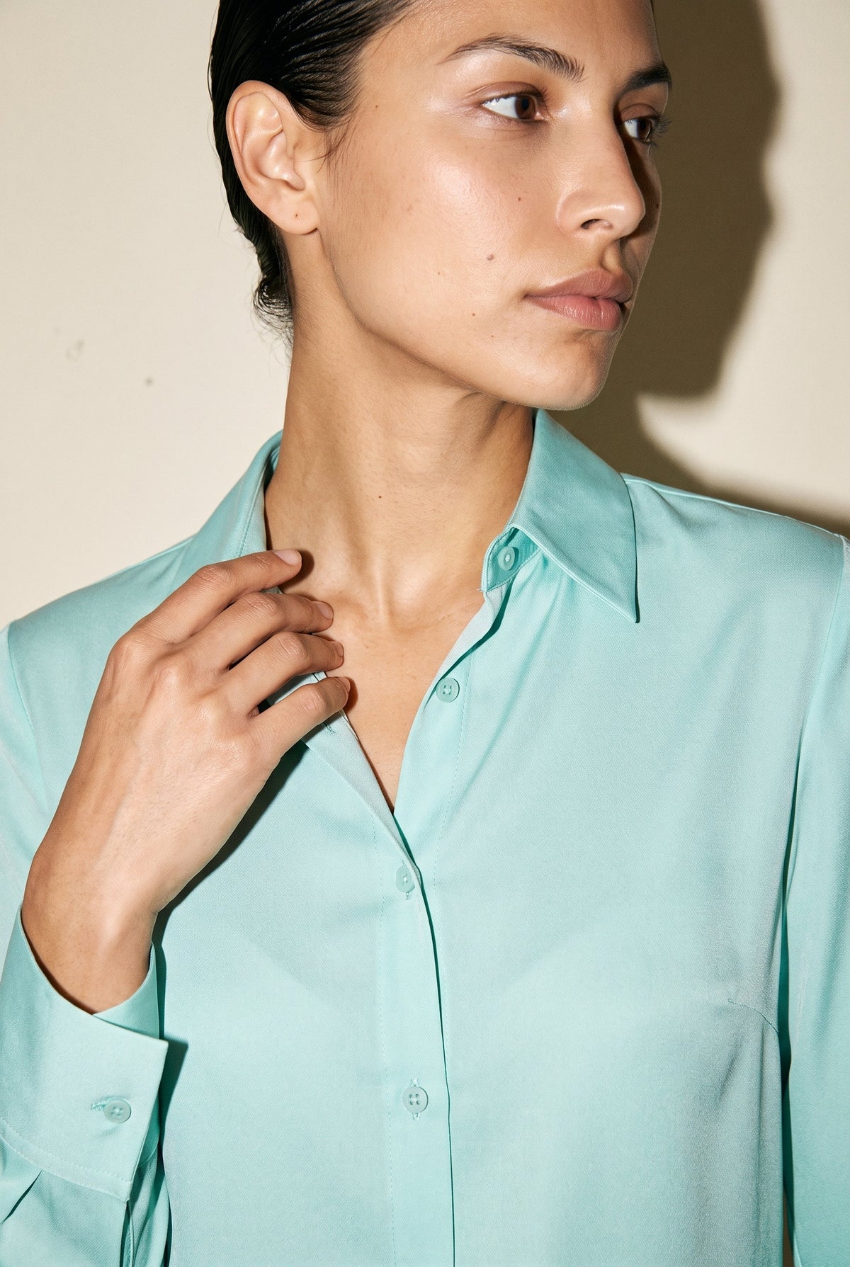 Wide Cuff Long Sleeve Button Up Blouse Fair Aqua Naked Zebra