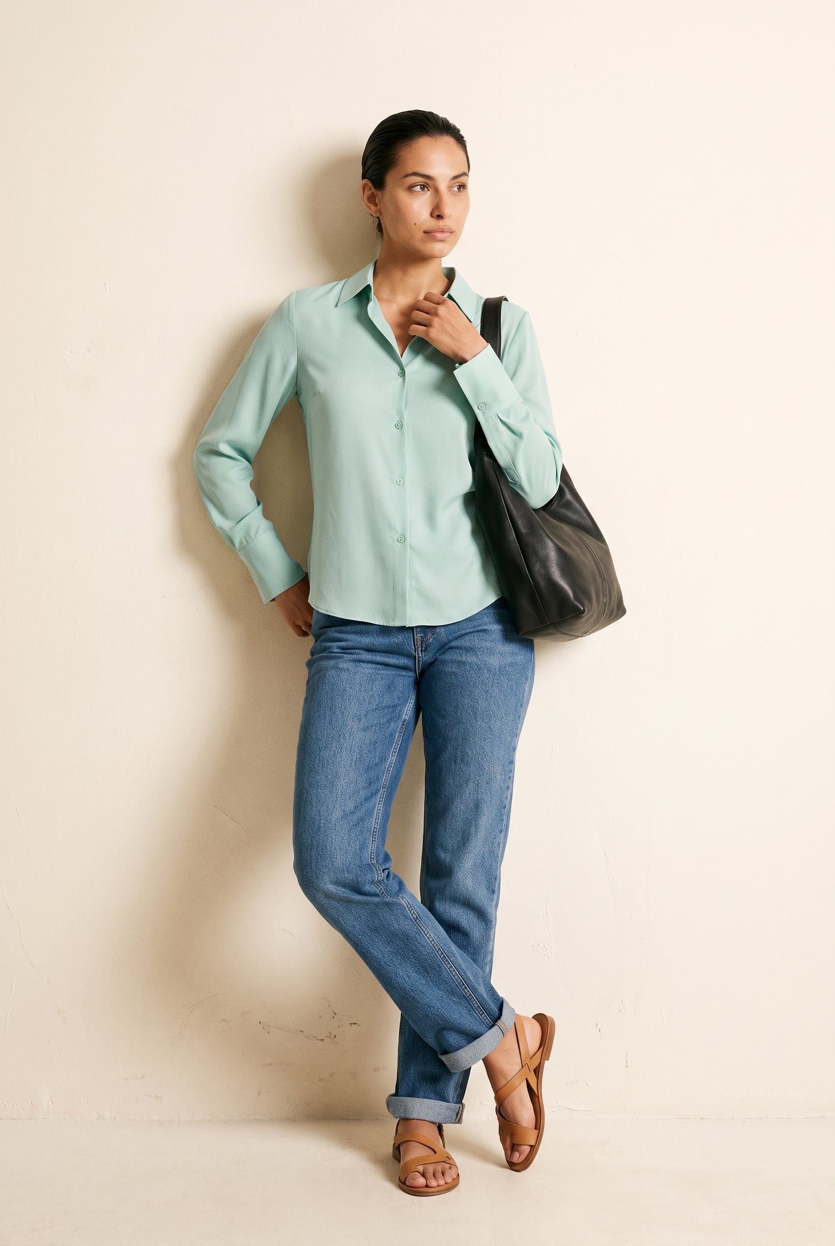 Wide Cuff Long Sleeve Button Up Blouse Fair Aqua Naked Zebra