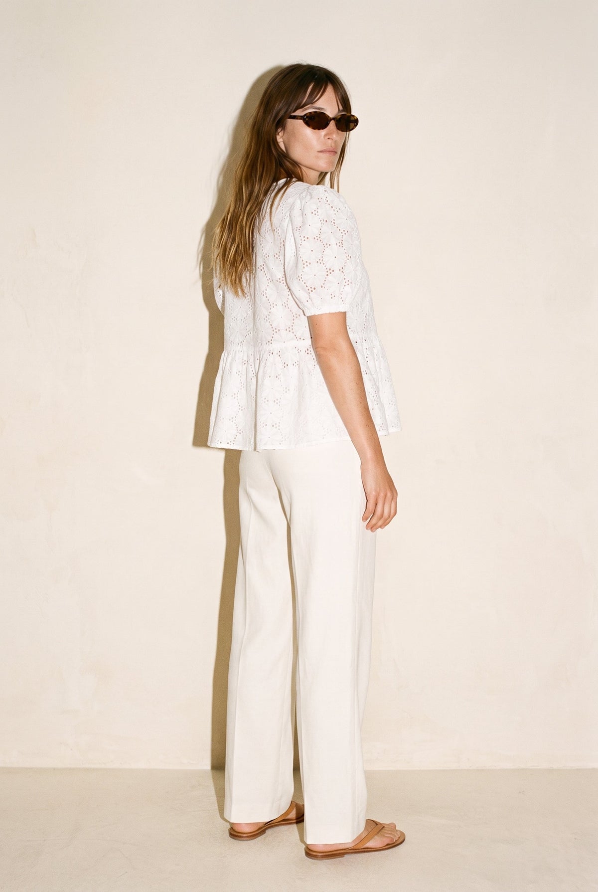 Eyelet Puff Sleeve Bottom Ruffle Front Tie Top Off White The Latest Scoop