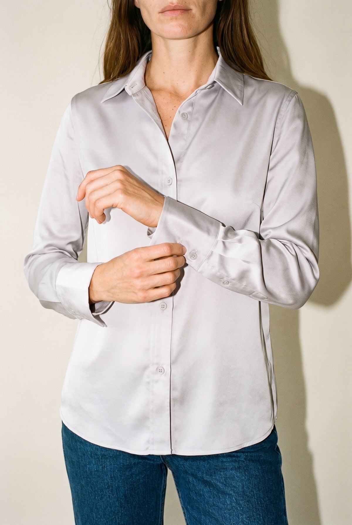 Satin Button Down Blouse Gray 12 Rue Collette