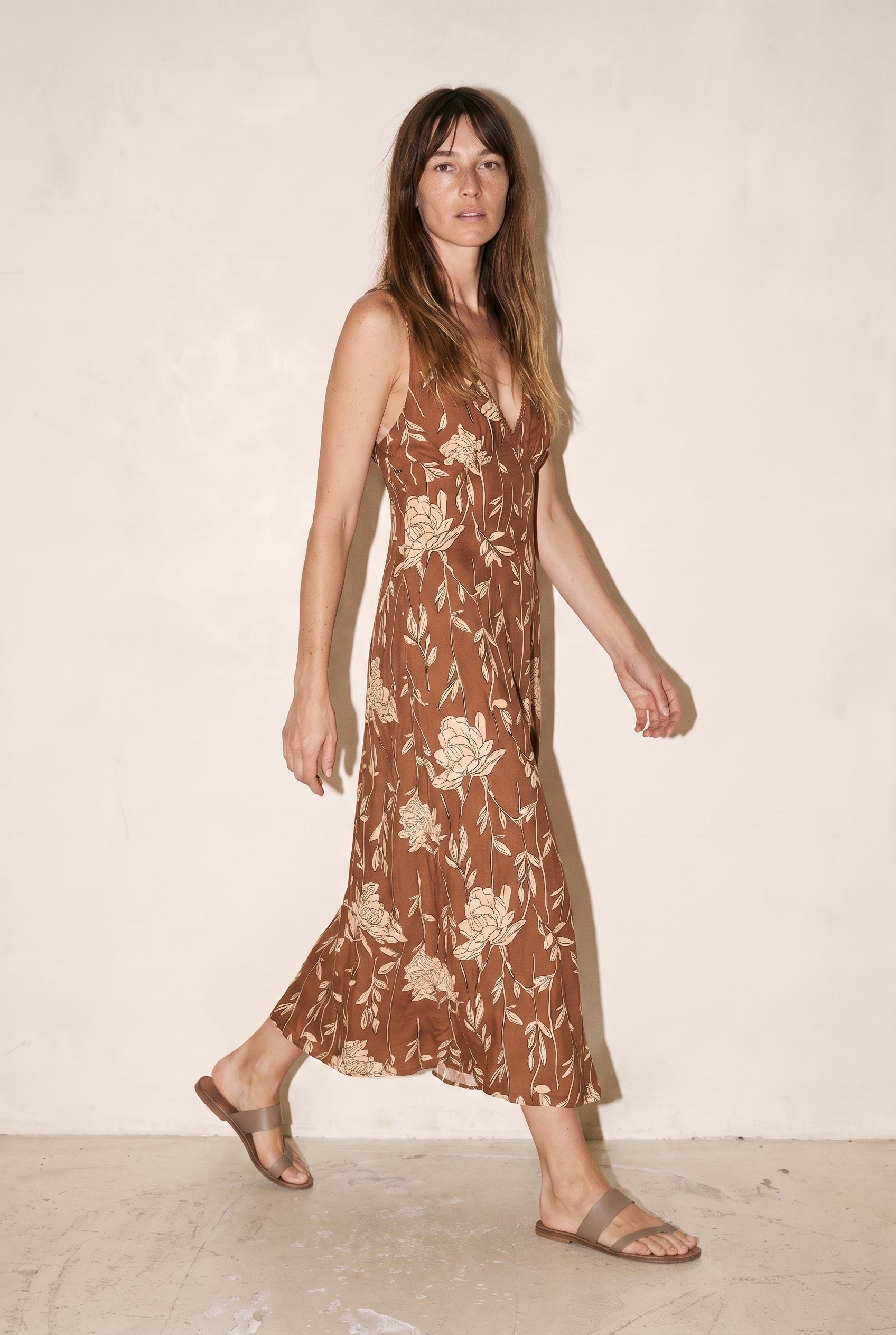 V Neck Back Strap Midi Dress Brown