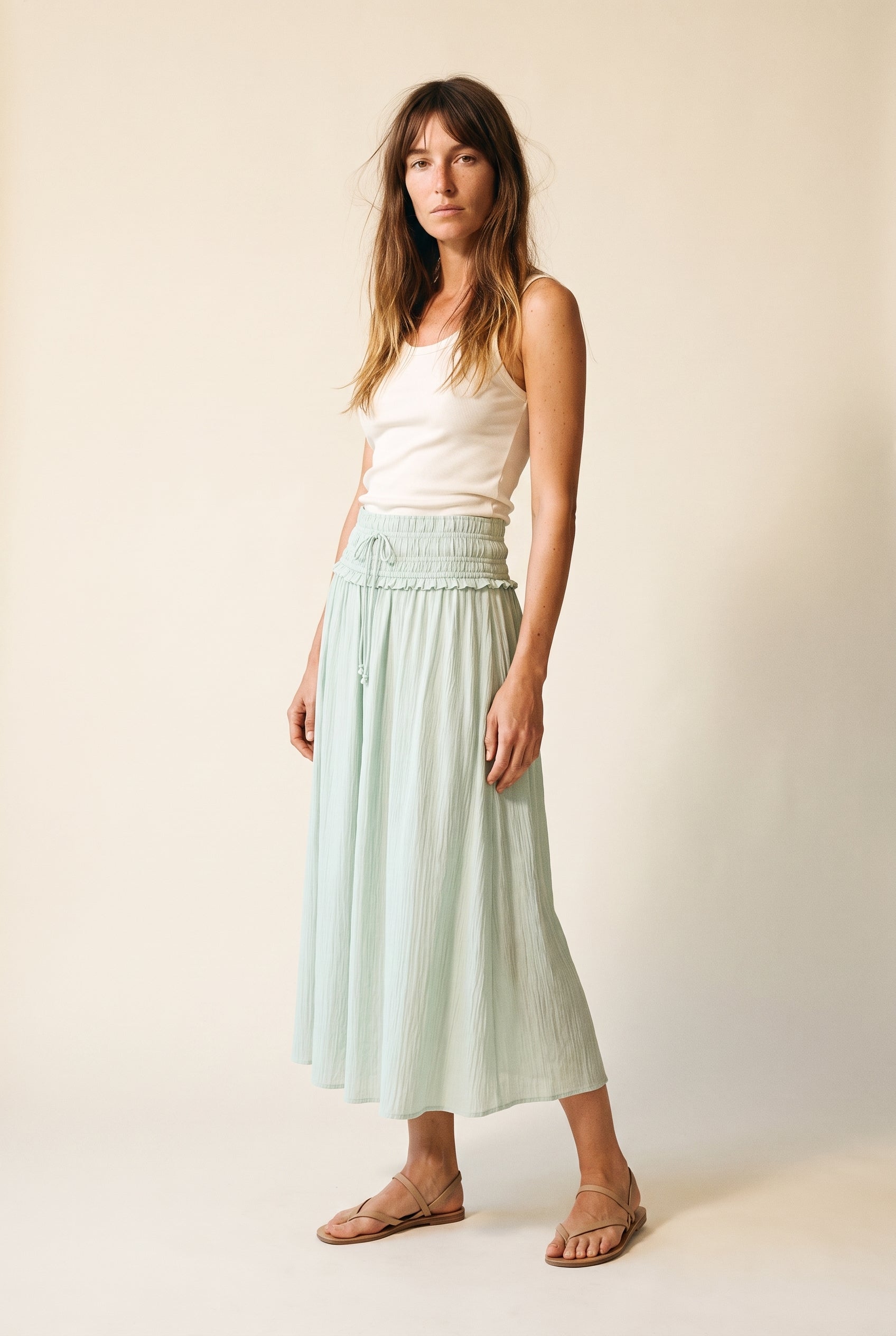 Washed Smoked Waist Band Skirt Mint Aakaa