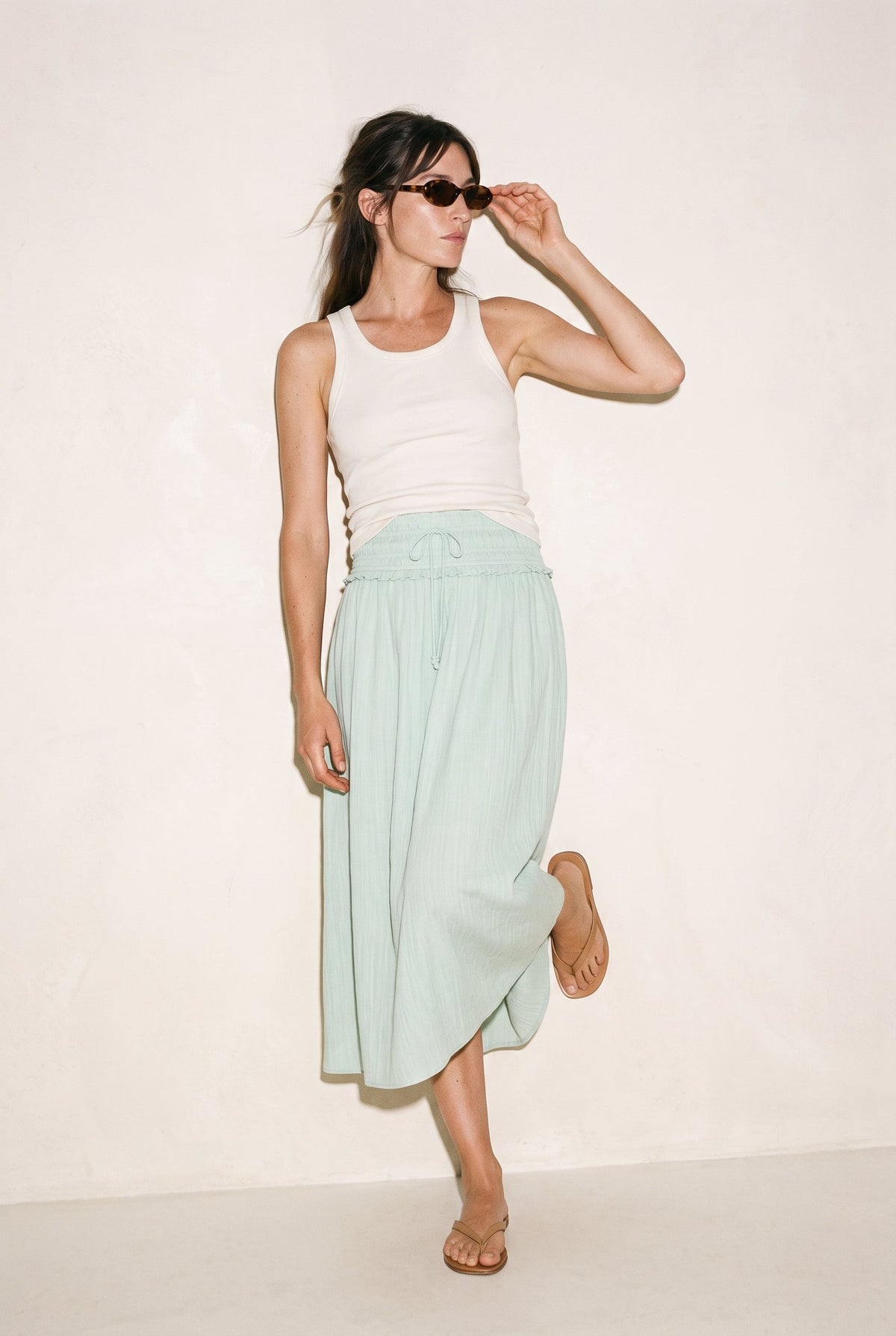 Washed Smoked Waist Band Skirt Mint Aakaa