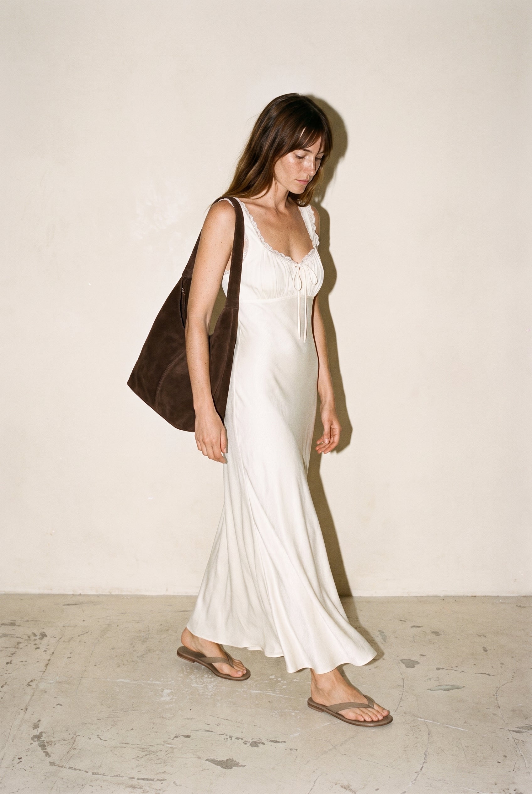 Any Season Maxi Solid Dress With Lace Trimmings And Open Back Cream