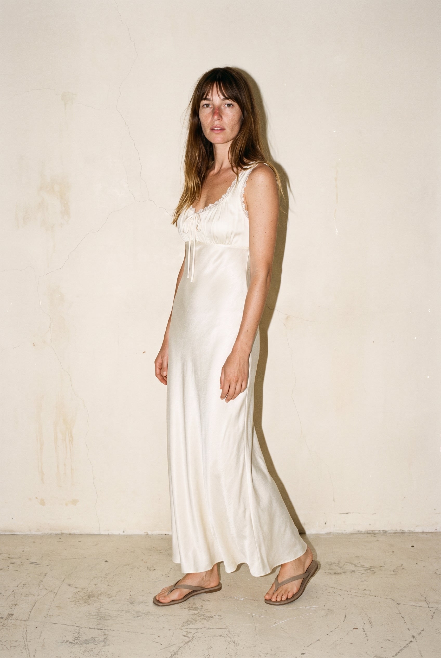 Any Season Maxi Solid Dress With Lace Trimmings And Open Back Cream