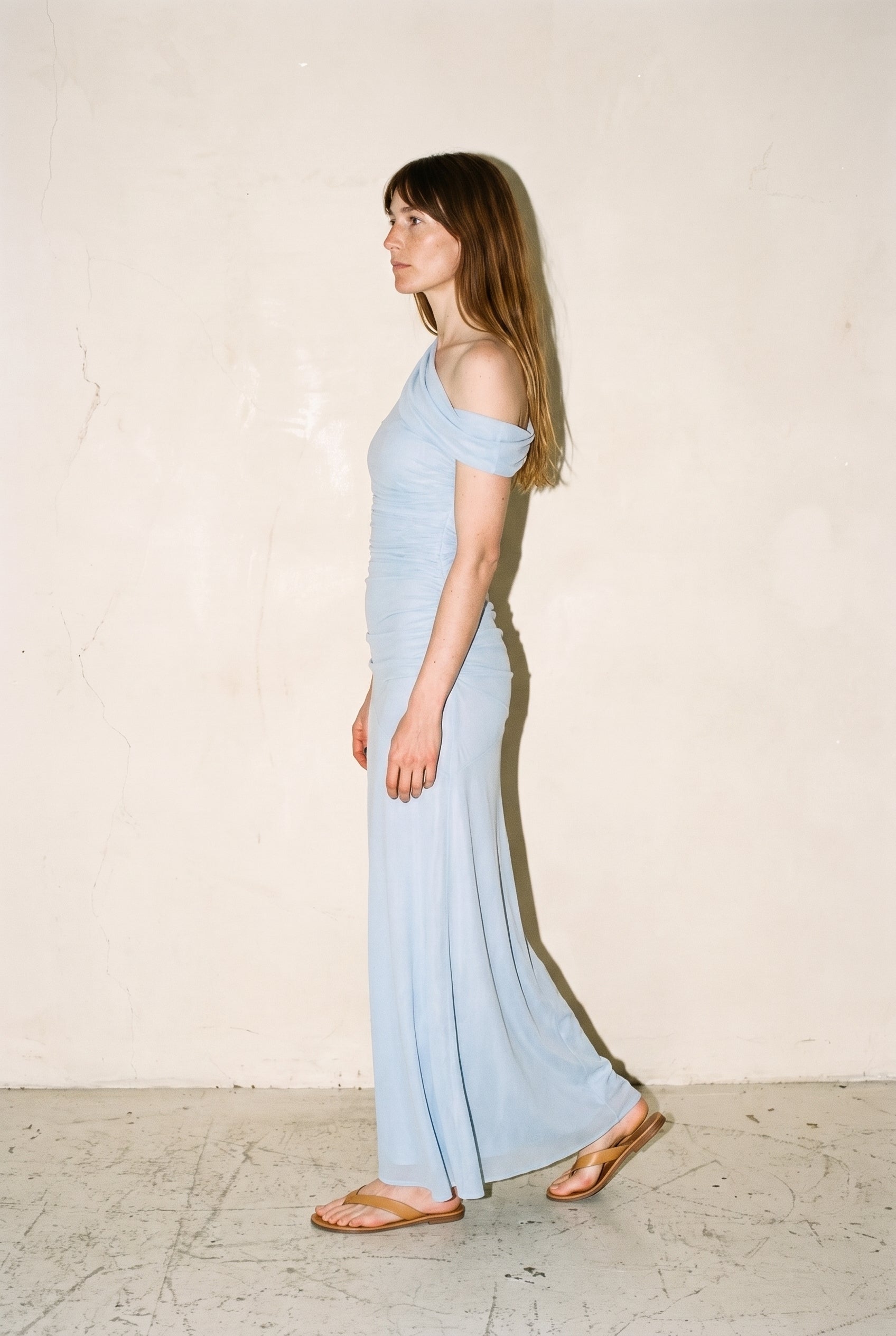 One Shoulder Sheer Maxi Dress Ice Blue