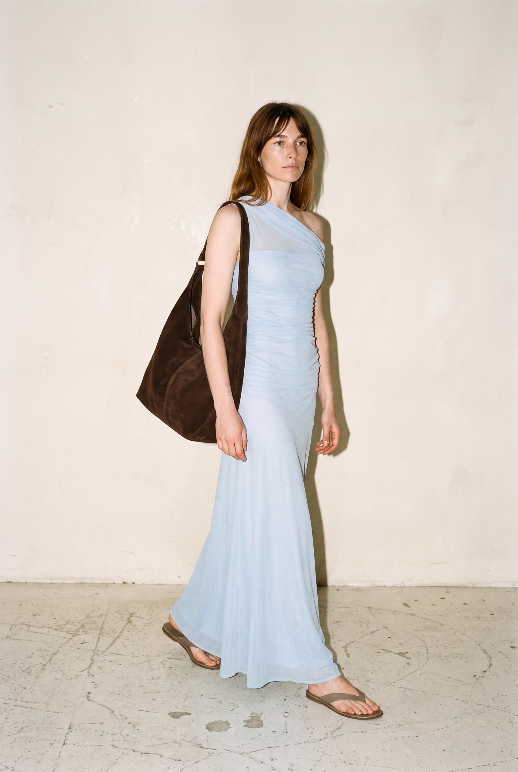 One Shoulder Sheer Maxi Dress Ice Blue