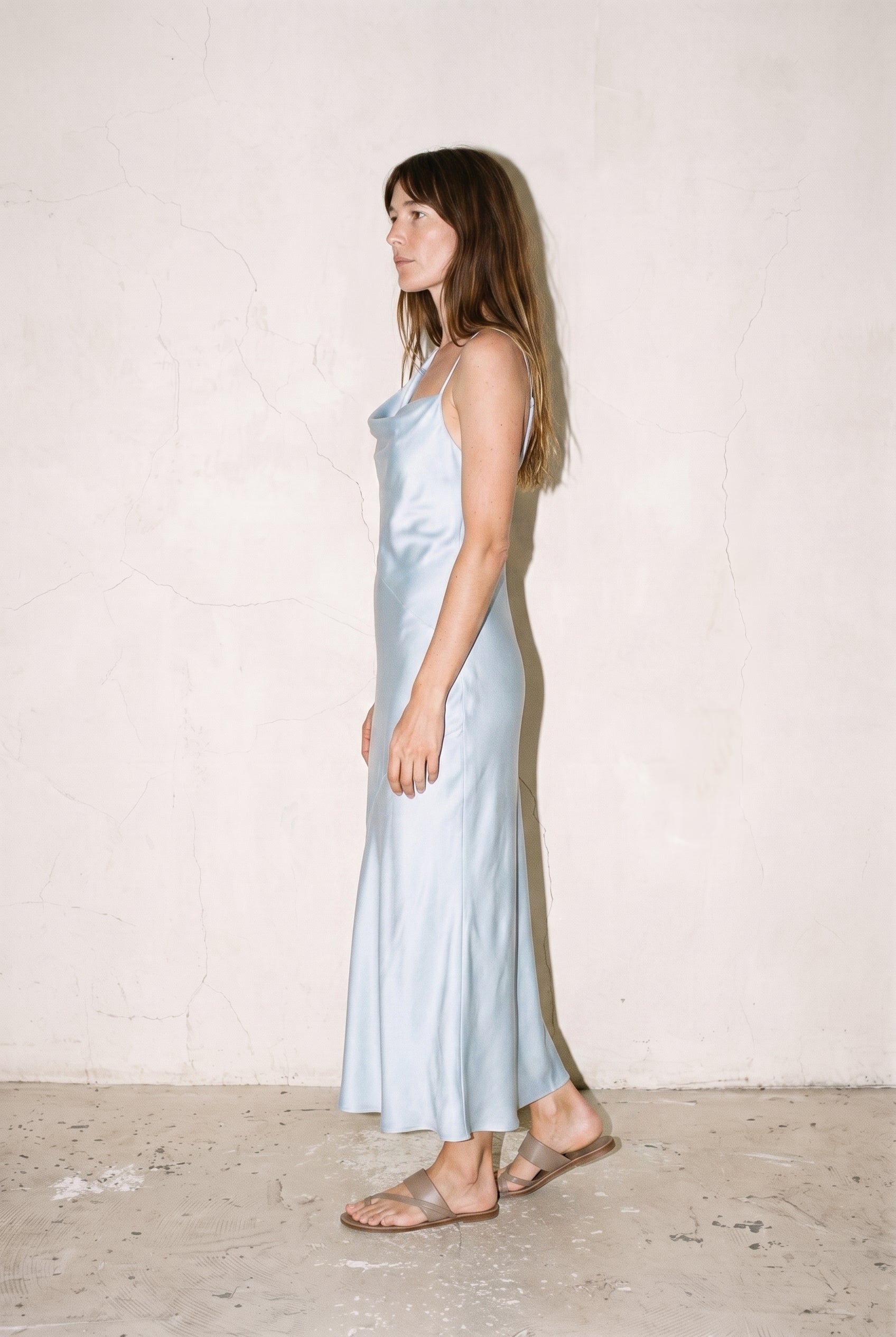 One-shoulder Draped Back Satin Dress Sky