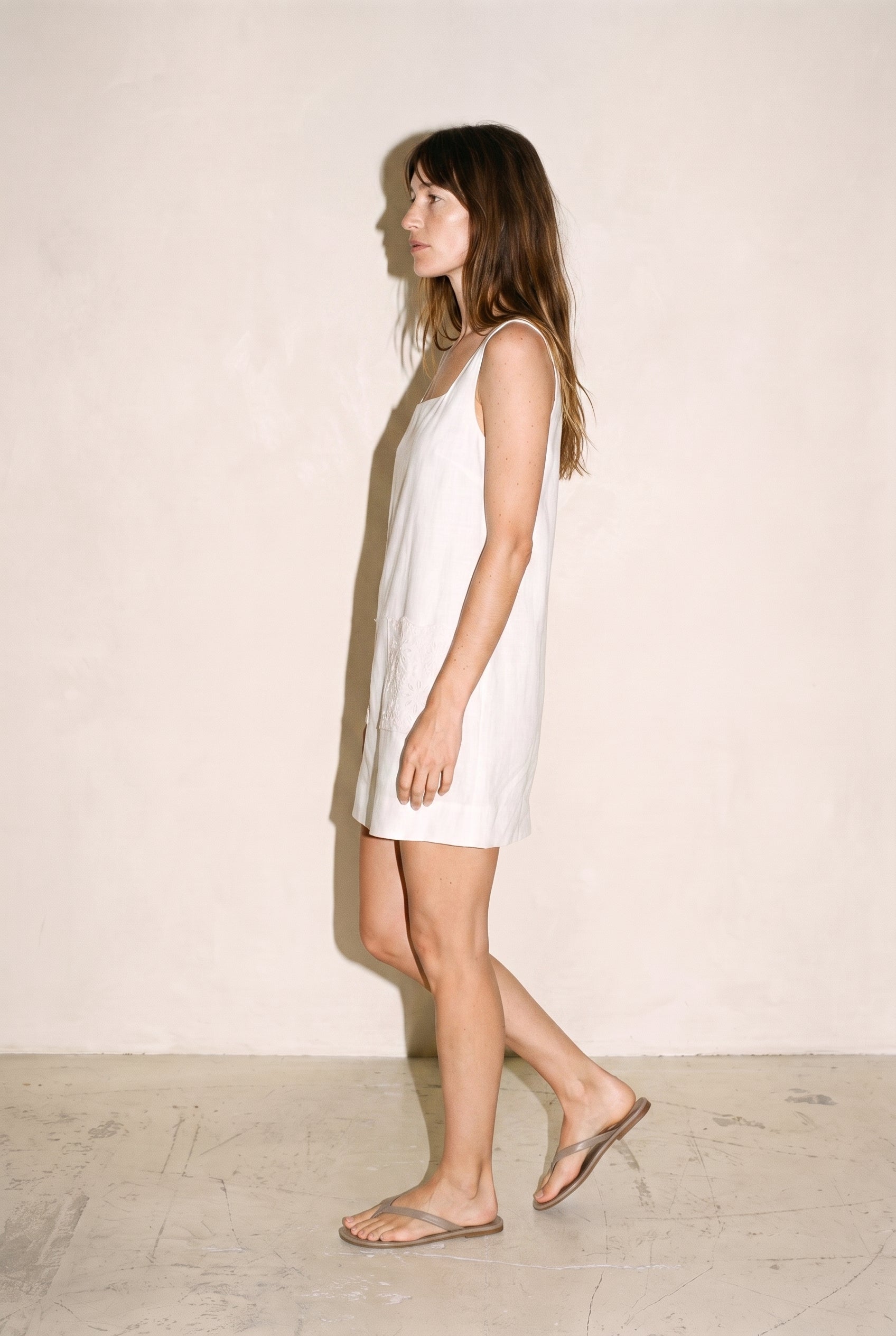 Square Neck S/l Linen Dress With Eyelet Pocket Off White