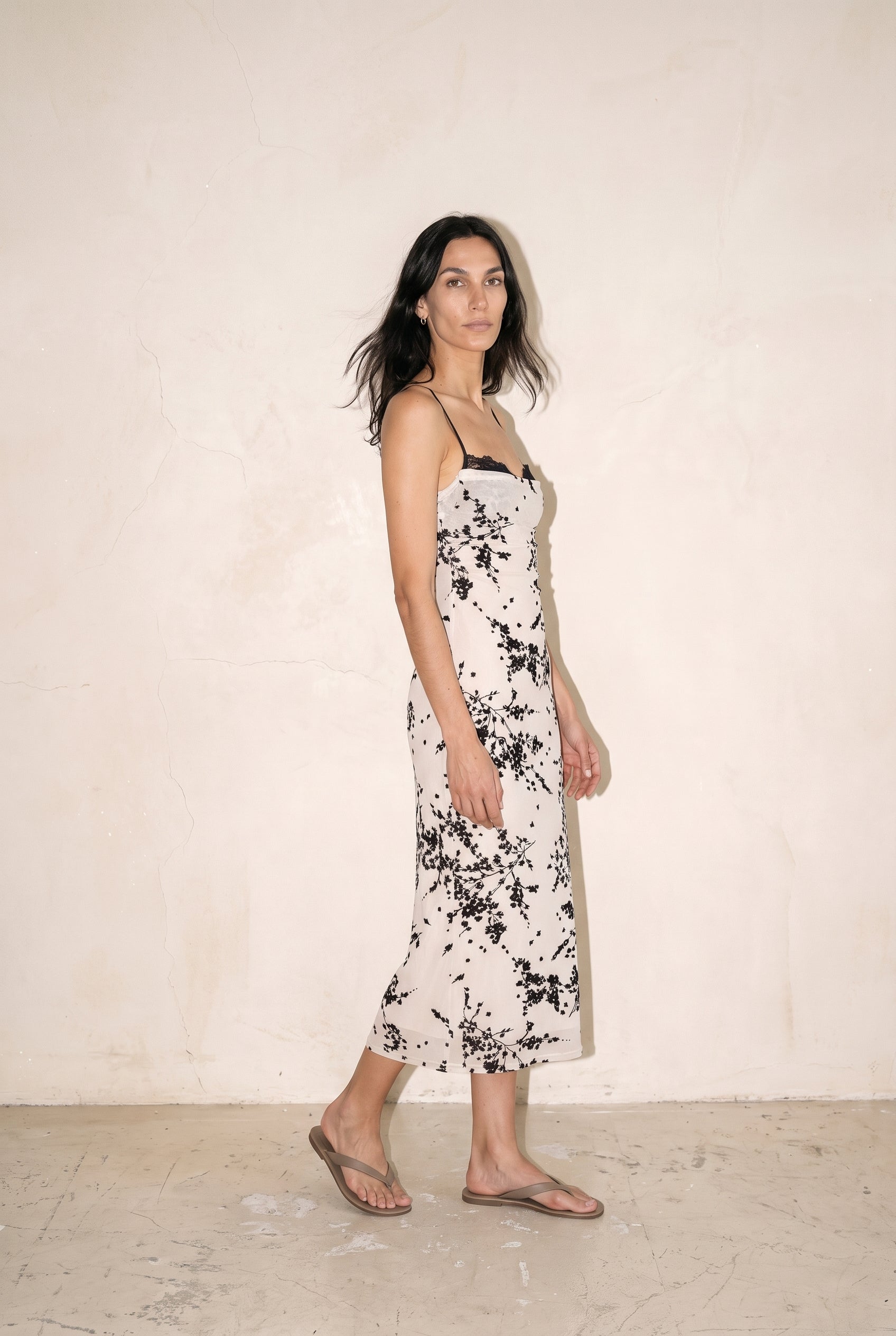 Spaghetti Bra Cup Mesh Velvet Burn Out Midi Dress