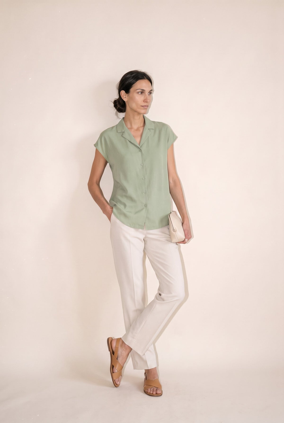 Button Down Cap Sleeve Shirt Sage Green Miou Muse