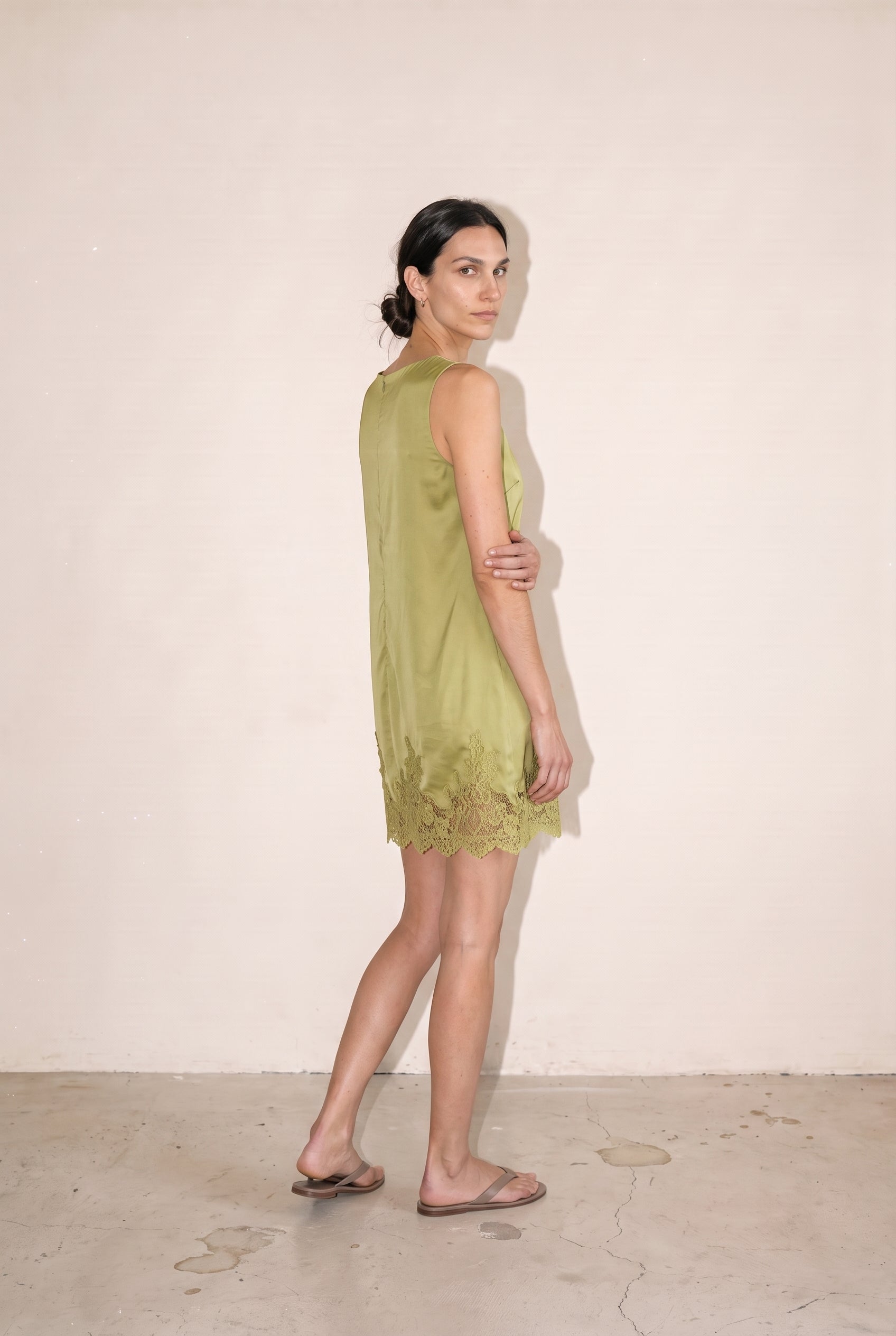 Lace Edge Detail Satin Shift Mini Dress Olive