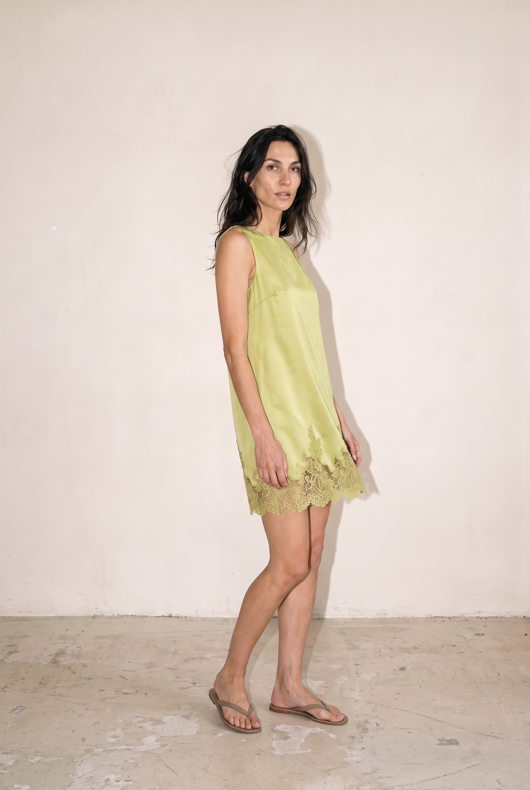 Lace Edge Detail Satin Shift Mini Dress Olive