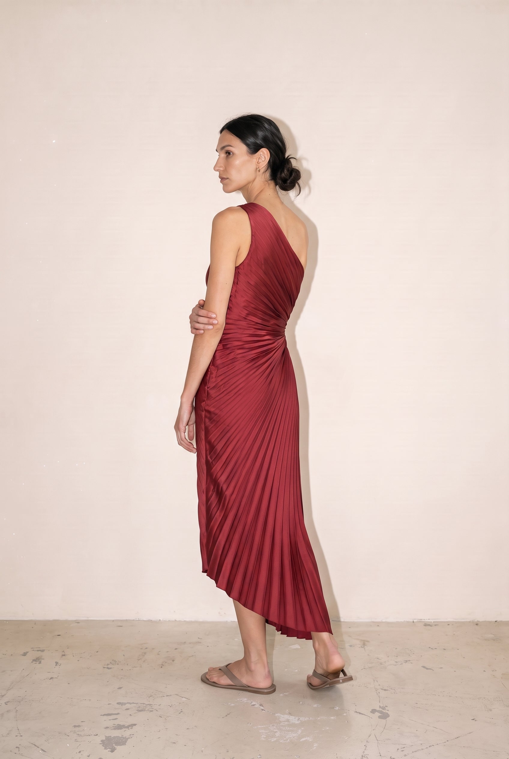 Olympia Asymmetrical Pleated Maxi Dress Merlot