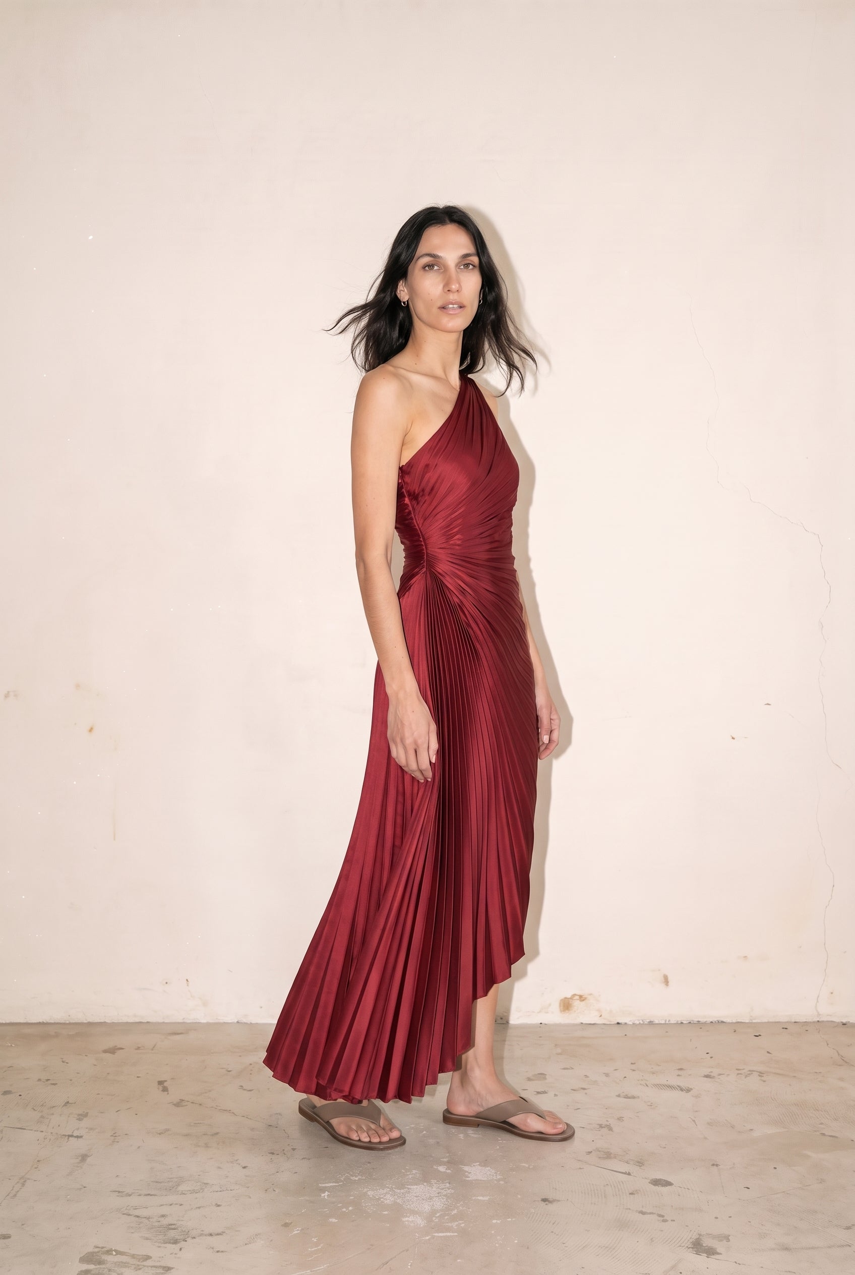 Olympia Asymmetrical Pleated Maxi Dress Merlot