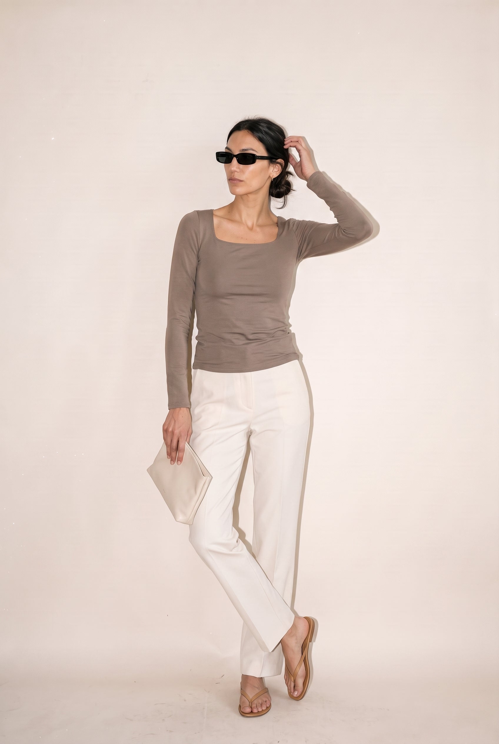 Double Layered Square Neck L/S Top Olive Wasabi + Mint