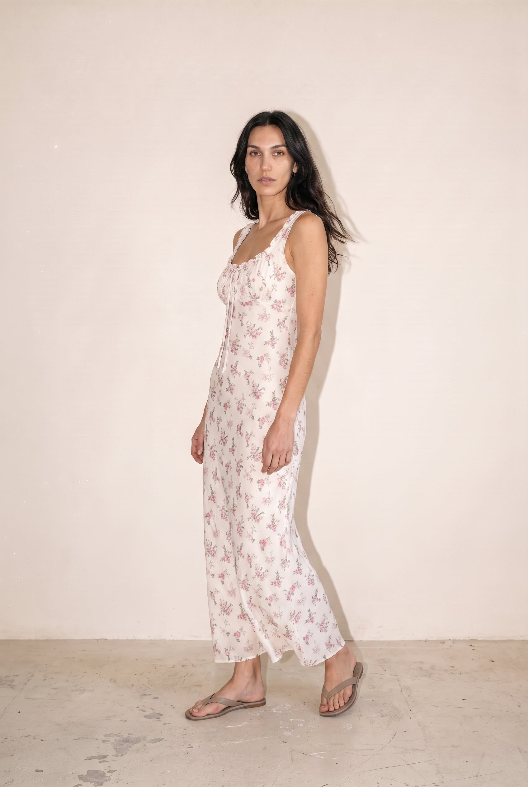 Willow Floral Maxi Open Back Lace Detail Tie Back Dress Off White