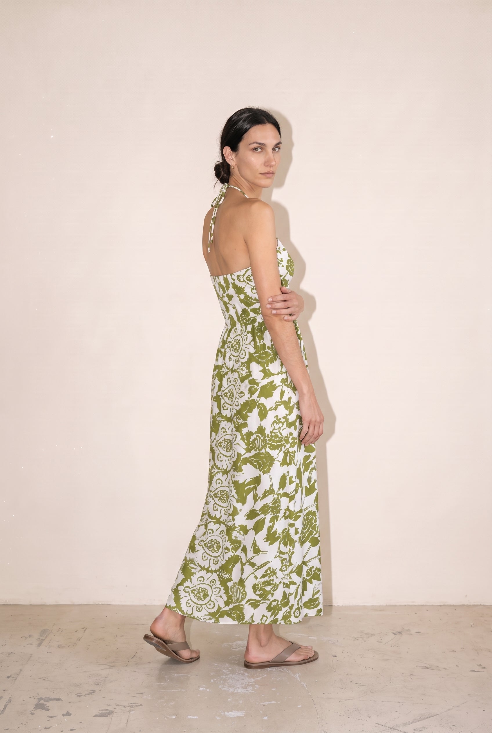 Thin Adjustable Strap Tie Back Neck Maxi Dress White/Green